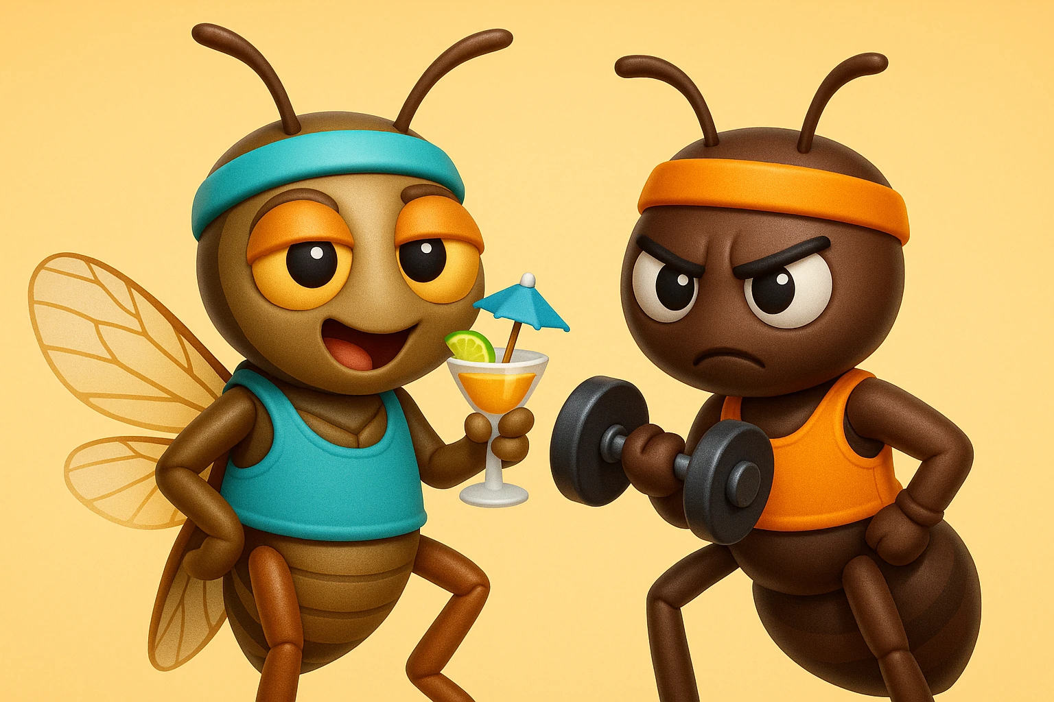 EMOJI STILE IPHONE 3D DI UNA CICALA E UNA FORMICA IN ABITI FITNESS, LA CICALA HA IN MANO UN COCKTAIL MENTRE LA FORMICA HA IN MANO UN MANUBRIO DA PALESTRA. L'IMMAGINE RAPPRESENTA IL FATTO CHE LA FORMICA VOGLIA IMPEGNARSI REALMENTE PER CAMBIARE IL SUO FISICO MENTRE LA CICALA SI VUOLE DIVERTIRE E NON CONCLUDE NULLA ALLA FINE emoji