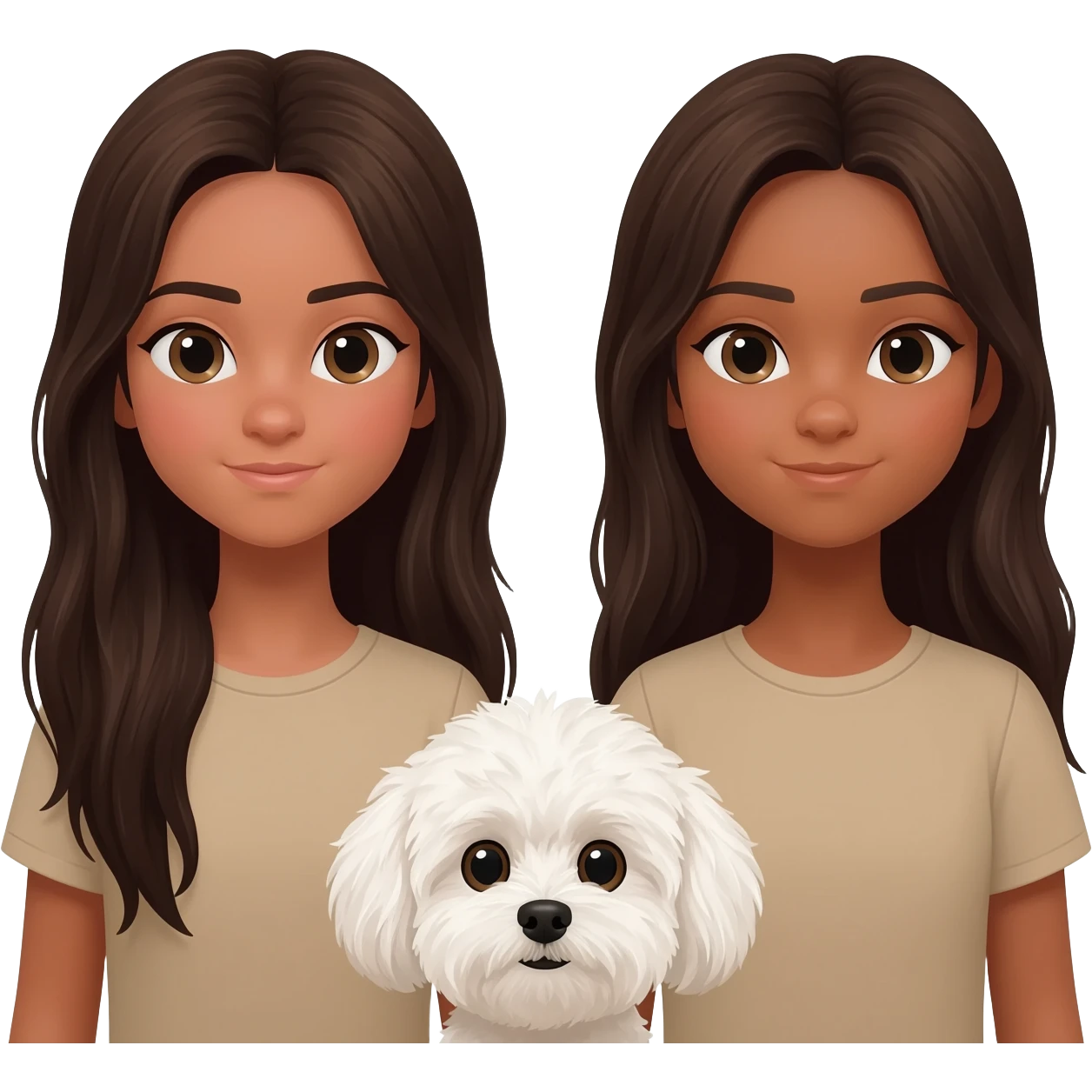 Only include faces two identical girls both with very dark long brown hair and darker beige ish skin for BOTH with a white fluffy dog small dog emoji
