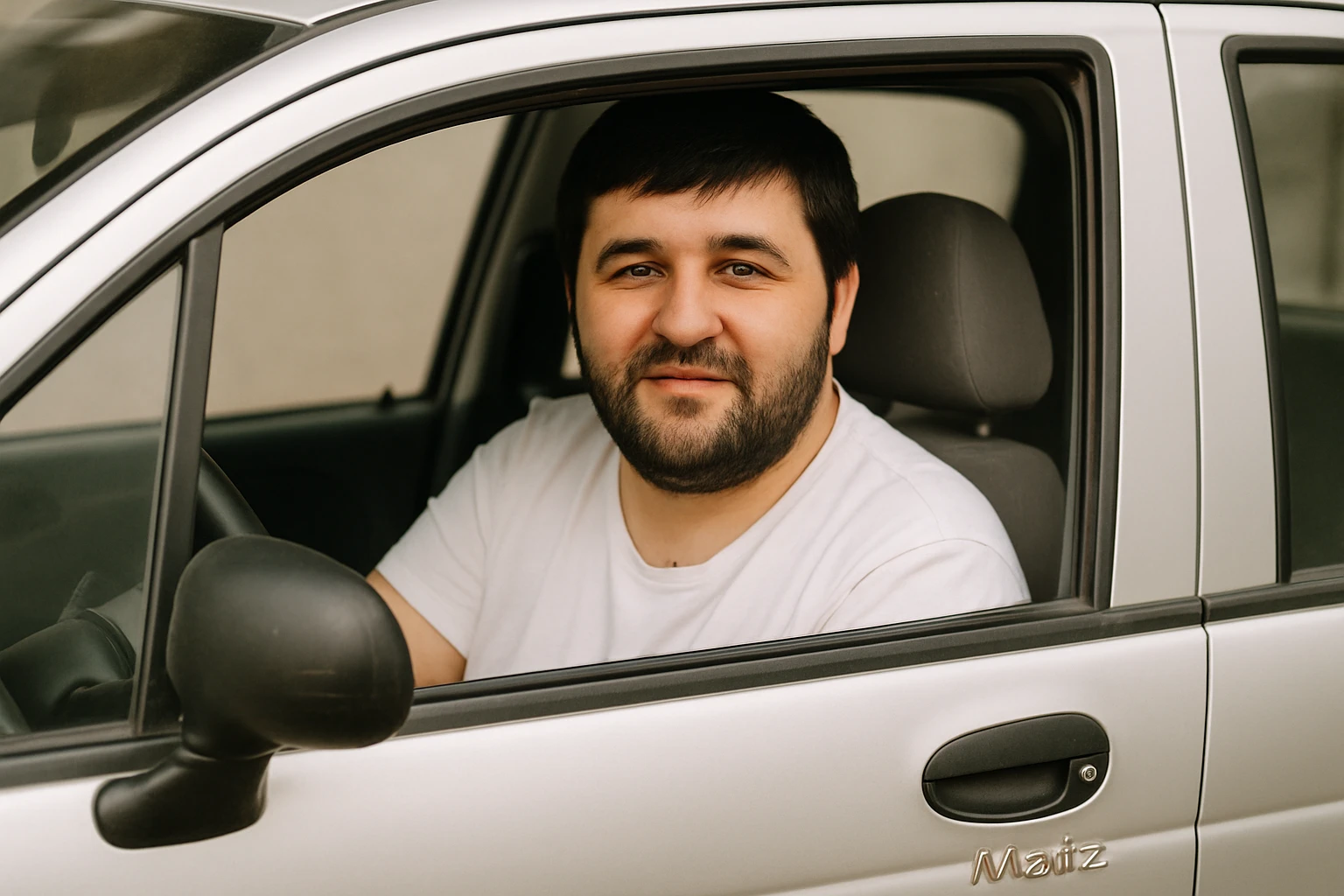 mana shu rasmdagi odam matiz mashinasining haydovchi o'rindig'ida o'tirib oynasidan kameraga qarab turgan holatini tasvirlab ber emoji