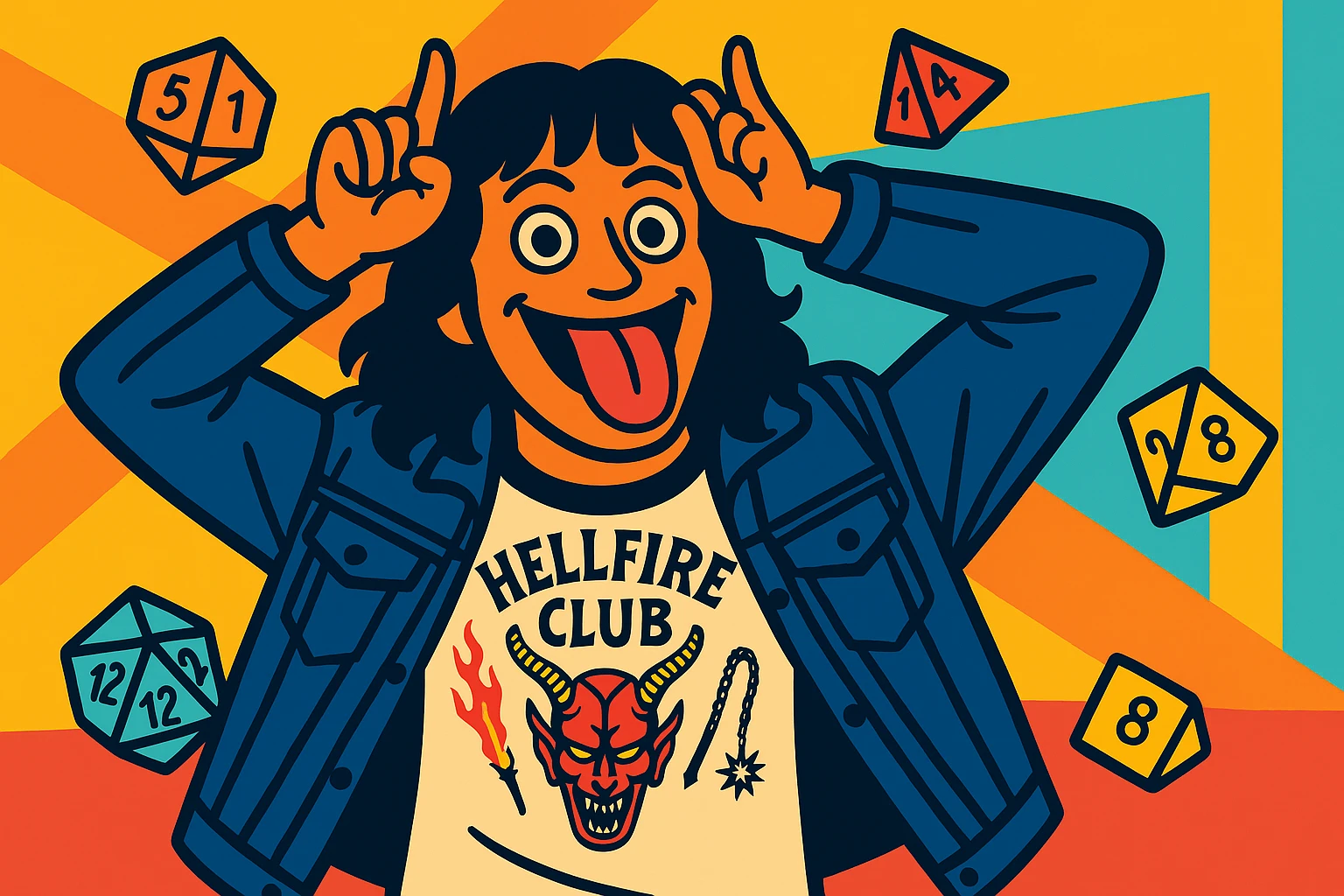 Eddie Munson in vibrant toon style, wide aspect ratio (16:9), making a playful face with hands as horns and tongue out, surrounded by floating Dungeons & Dragons dice, lighter vivid colors and dark outlines. emoji