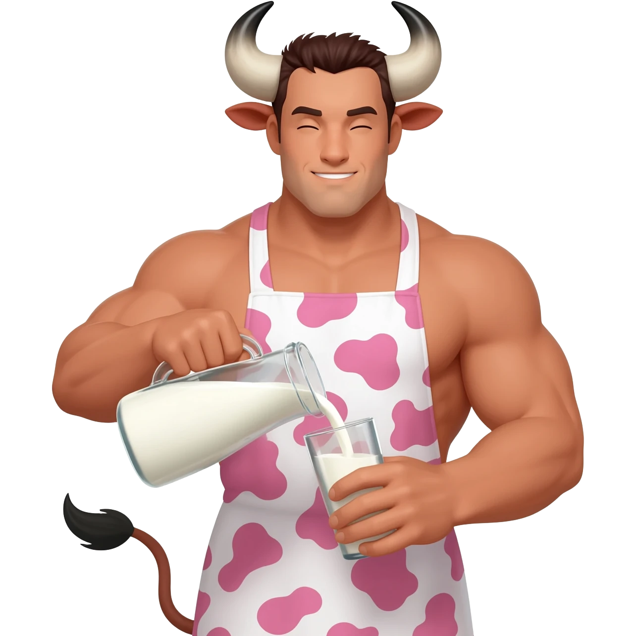 extra large muscular handsome man in the collar with bull horns and and bull ears bull tail dressed in cute apron with pink cow print pouring milk from a glass emoji