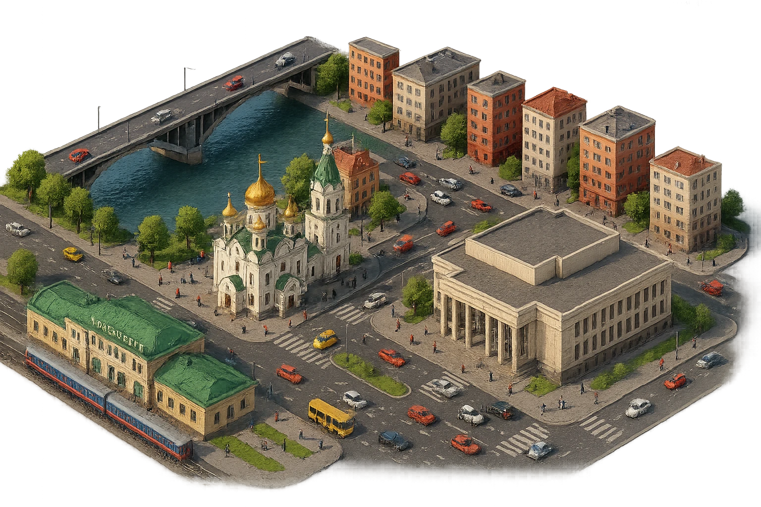 Изометричная чёткая миниатюрная фотореалистичная 3D модель панорамы Красноярска — Стрелка с мостом, Благовещенская церковь, Красноярск-пассажирский, фотореалистичный Красноярский театр оперы и балета, дома, люди, автотранспорт. Вид сверху в изометрии, яркие цвета, прозрачный фон, компактная композиция. emoji