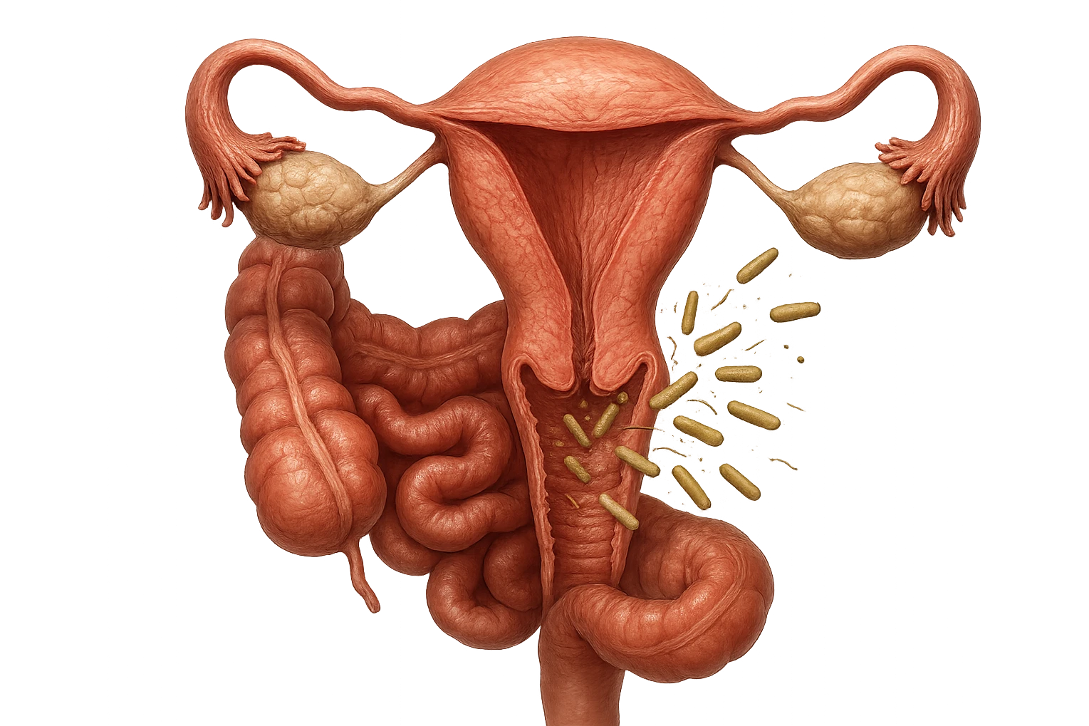 UTERO UMANO E INTESTINO ANATOMICI REALISTICO CON BATTERI CHE ESCONO DALL'INTERNO, IPERREALISTICO 4K emoji
