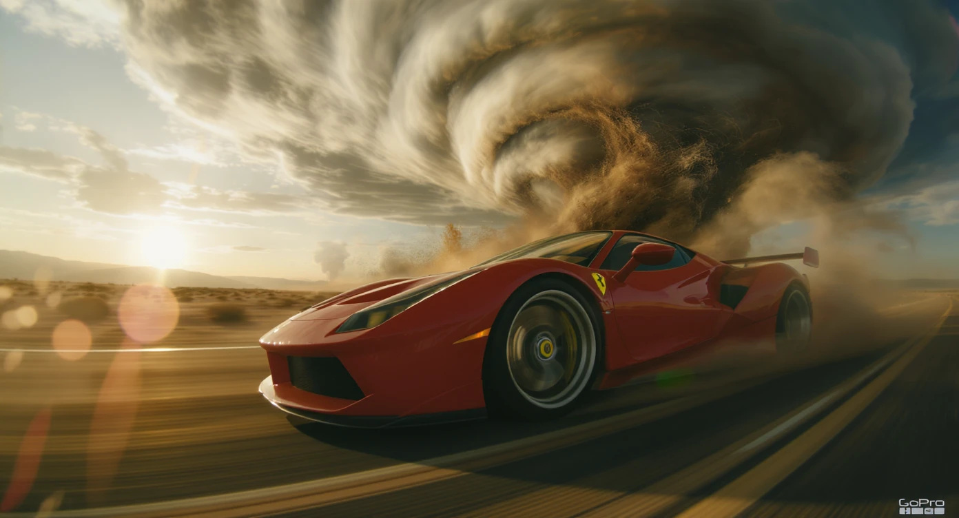 Cinematic still of a ferrari f40 around tornado od arizona desert, sun flare, big earth in background, captured by gopro hero with effect fisheye emoji