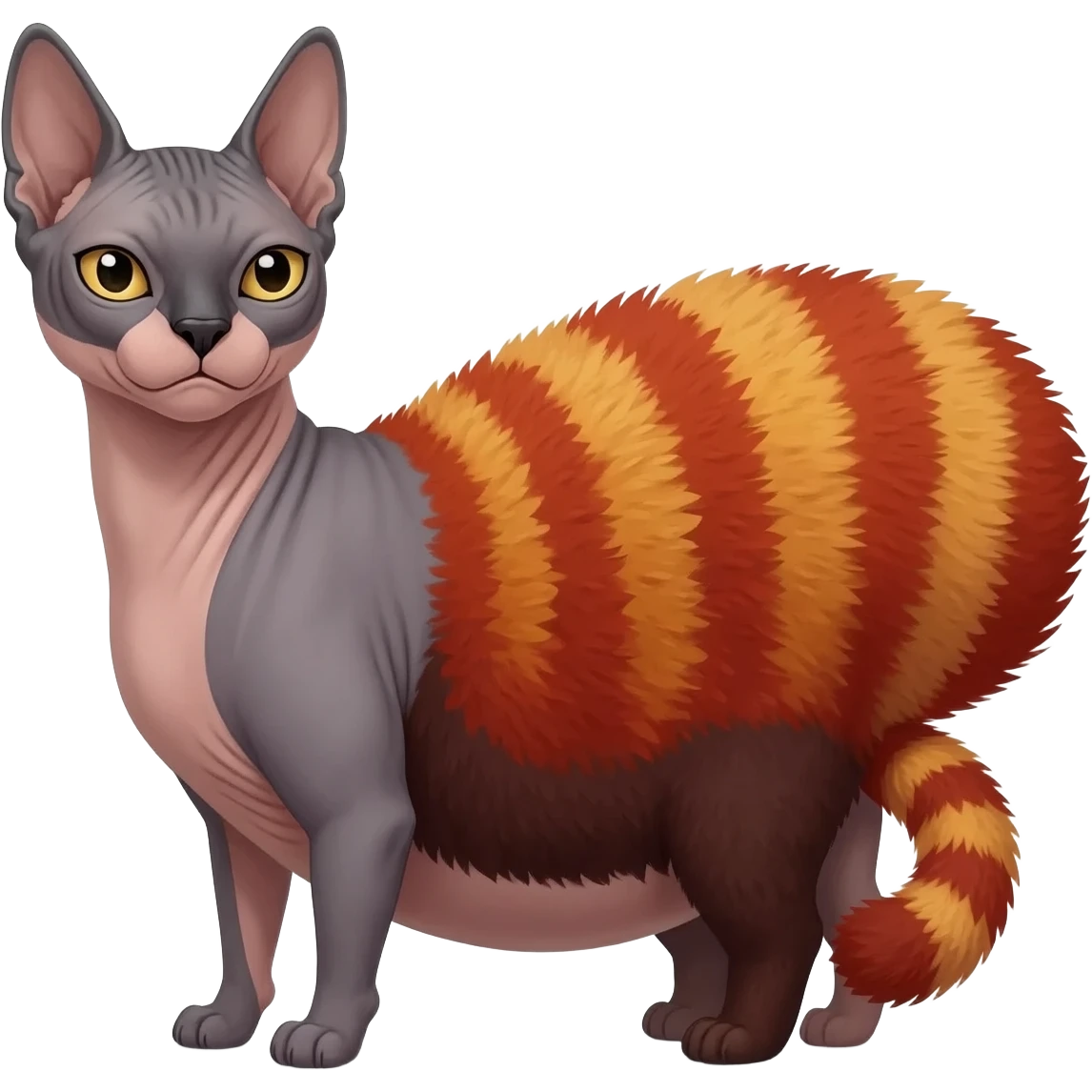 Patterned marked elegant fluffy chubby ballsy furry cute beautiful cool edgy Caracal-Sphynx-Red-Panda-fusion-hybrid-animal-creature, full body emoji