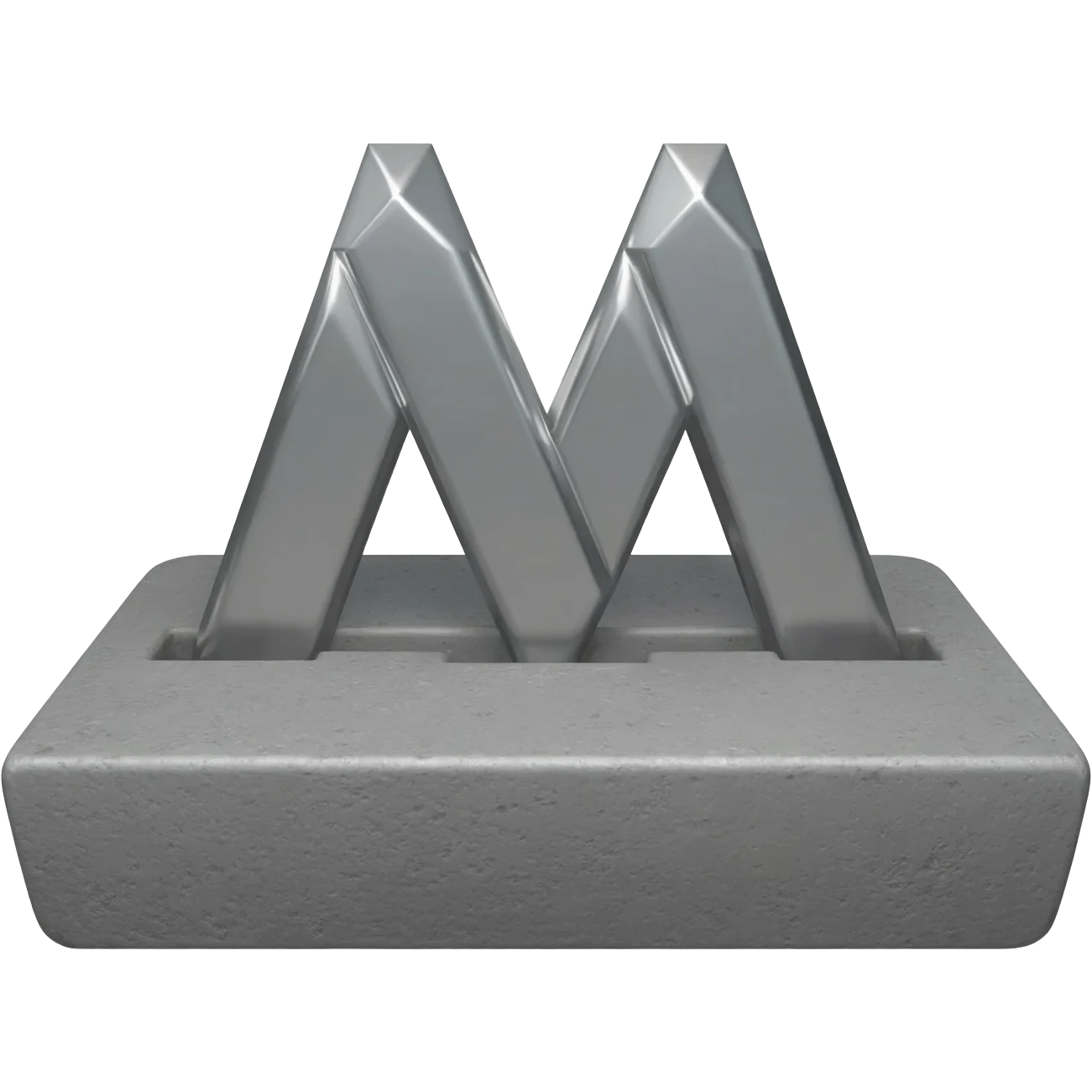...Minimalist 3D emoji based on: massive polished chrome geometric 'M' raised metal relief, integrated central on deeply impressed bare heel in rough grey concrete. Harsh shadows, high contrast. Isolated on white --no background emoji