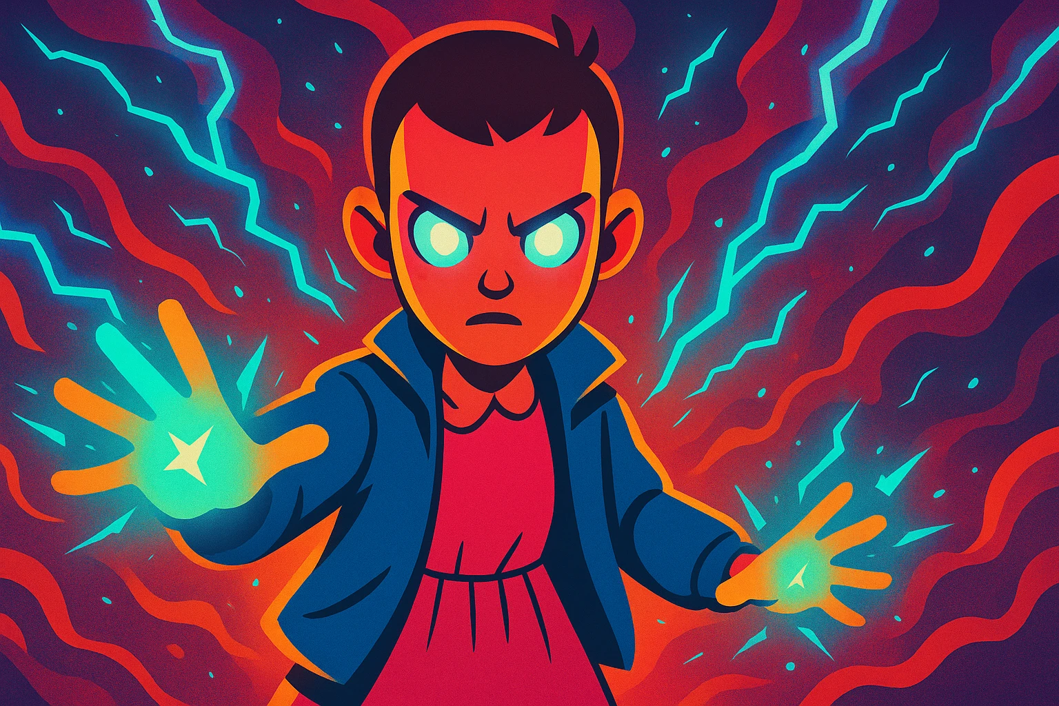 Stranger Things inspired character using supernatural powers like Eleven, glowing effects and telekinetic energy, vibrant toon style, wide aspect ratio 16:9 emoji