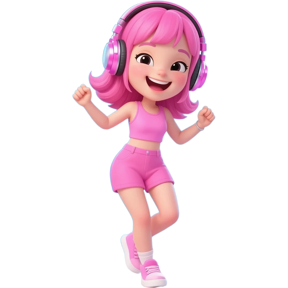 Pretty girl in pink hair and clothes and in super shiny pink headphones dances with pleasure in the midst of studio blue backdrop, copy space, high quality video emoji