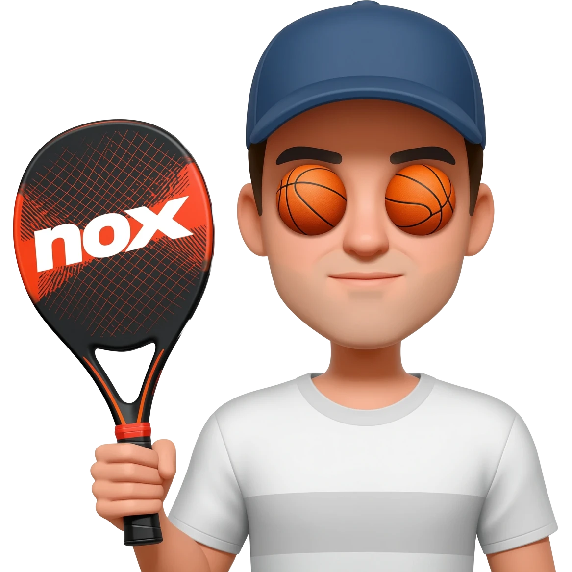 make a circular imogi of man with NOX padel bat with balls as eyes and wearing a cap emoji