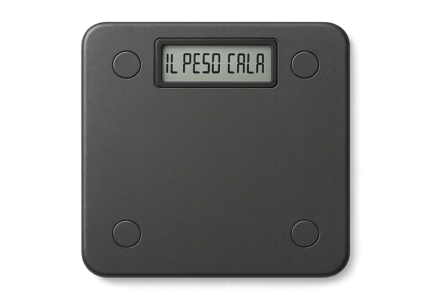 bilancia PESAPERSONE vista dall'alto con la scritta "IL PESO CALA" SUL DISPLAY, IPERREALISTA 4K emoji