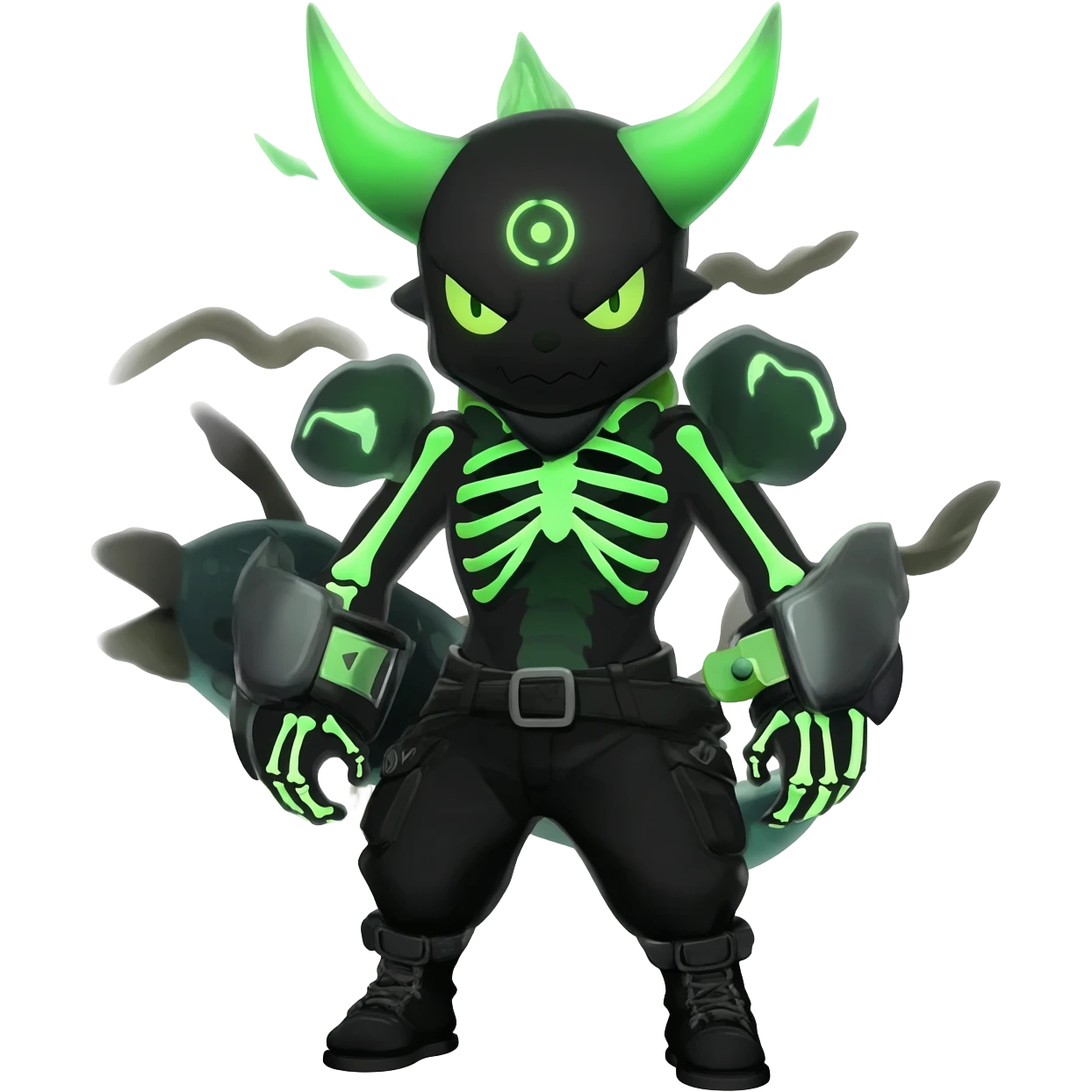 Horned Evil Cool Handsome Badass Edgy Obsidian-black and neon-glowing-green skeletal Meloetta-Salandit-Gorebyss-Zygarde-Pokémon-Fakémon-creature-fusion-hybrid emoji