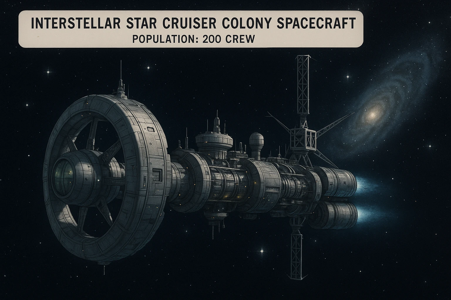 deep space textbook image of a interstellar star cruiser colony spacecraft with a population of 200 crew emoji