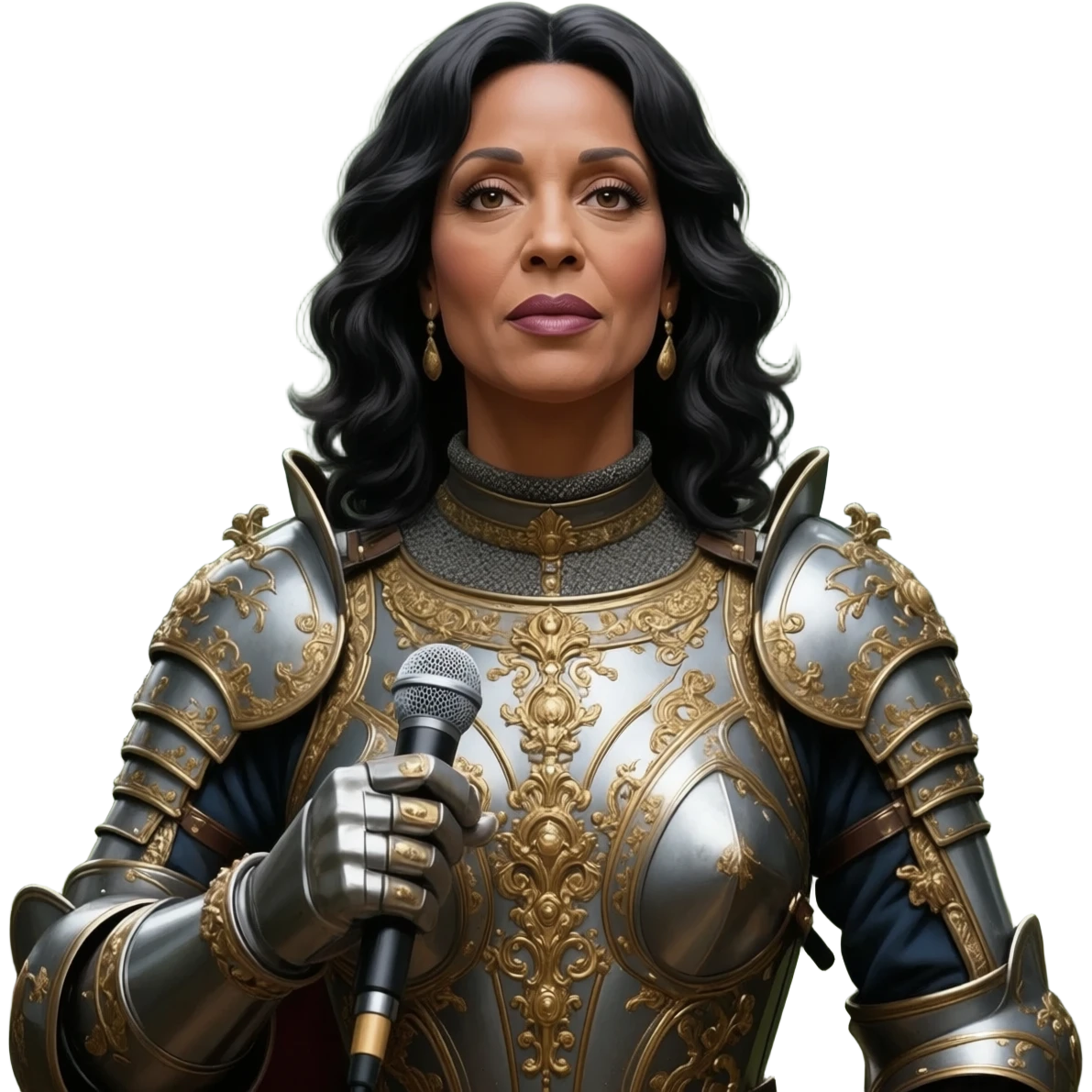 realistic cinematic singer Cher in baroque styling with armor in a forest emoji