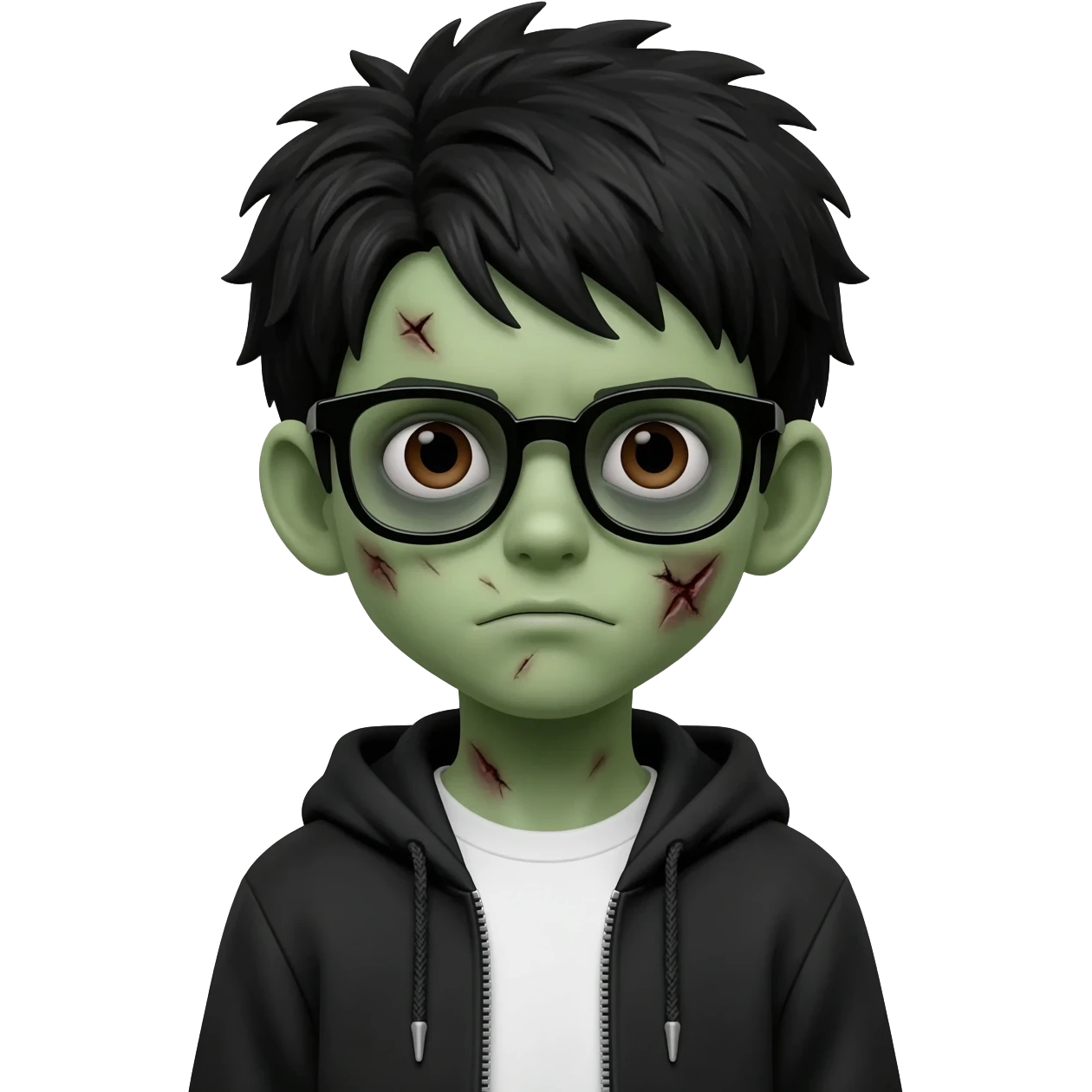 zombie boy with white tshirt and black brownish hair and with black glasses frames on hair is texturized young boy and round face more green face and dark brown eyes black y2k hoodie with the white t-shirt under it emoji