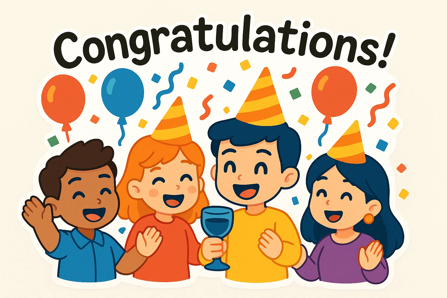 Add the text 'Congratulations!' in a fun, bold font above the festive party scene, keeping the vibrant cartoon style of chibi stickers. emoji