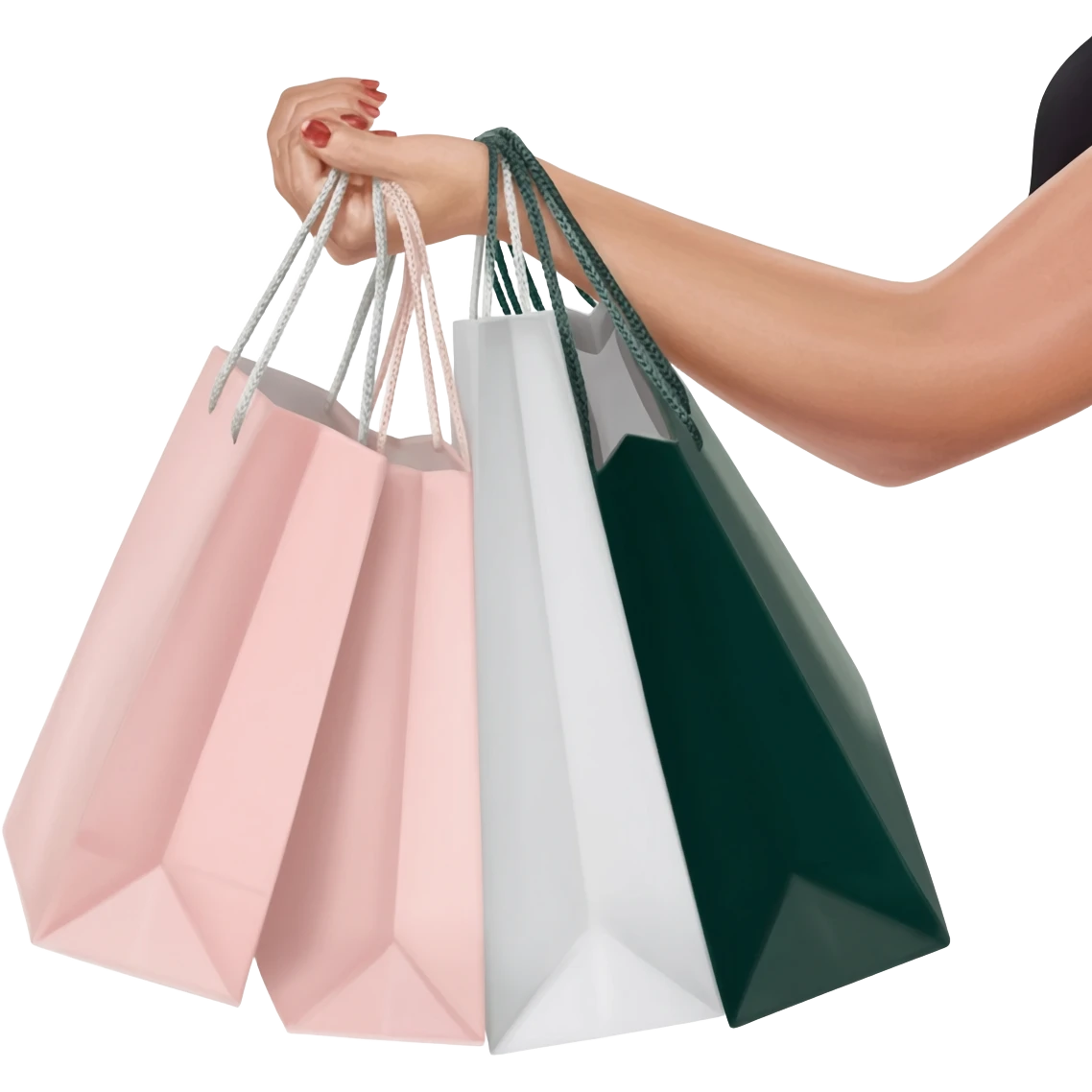 Minimalist studio photo of a woman’s arm extending from the right side of the frame holding multiple elegant shopping bags, pastel pink, white, and dark green paper bags with thin handles, emoji