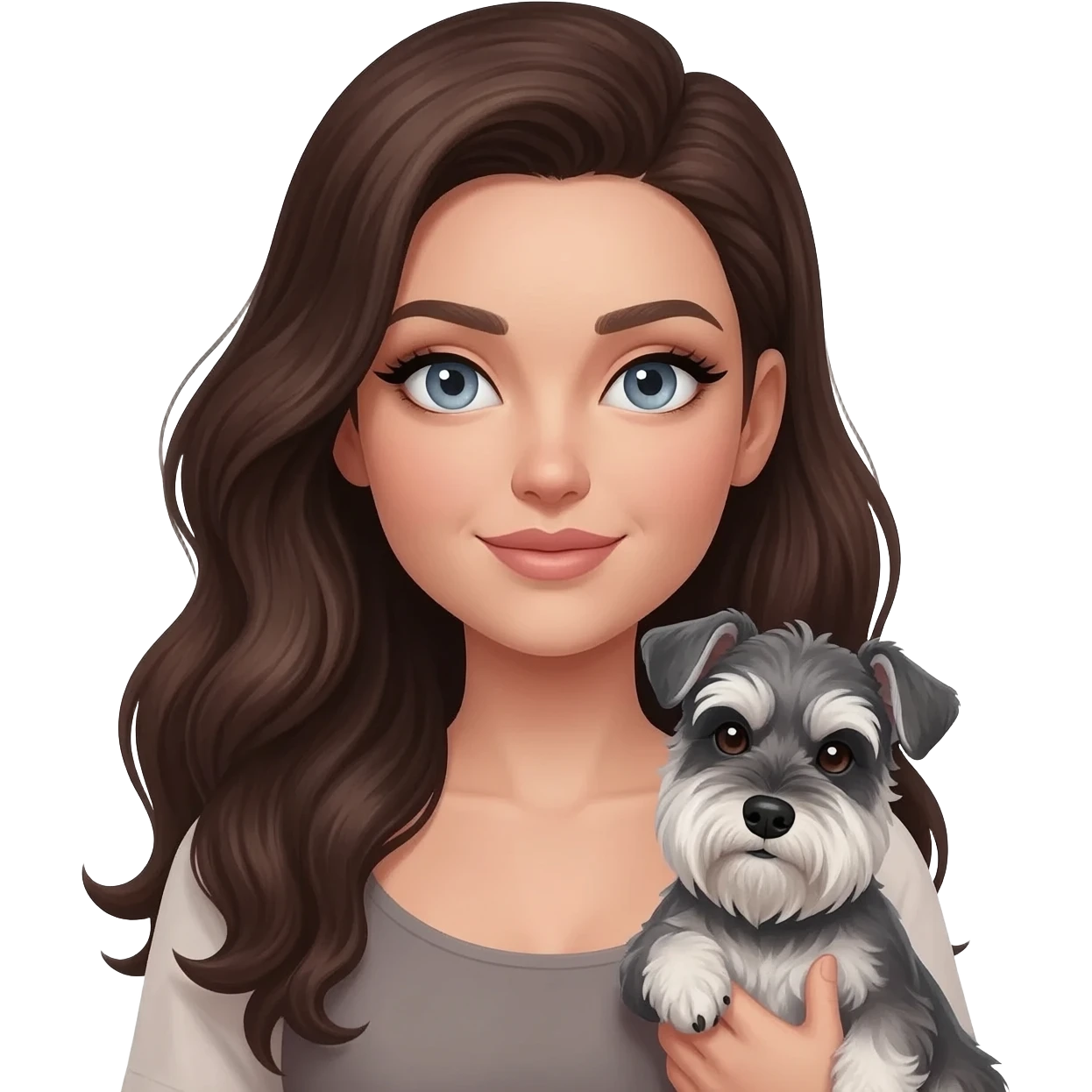Brunette grey blue eyes white girl with long wavy hair and thick eyeliner holding a salt and pepper miniature schnauzer emoji