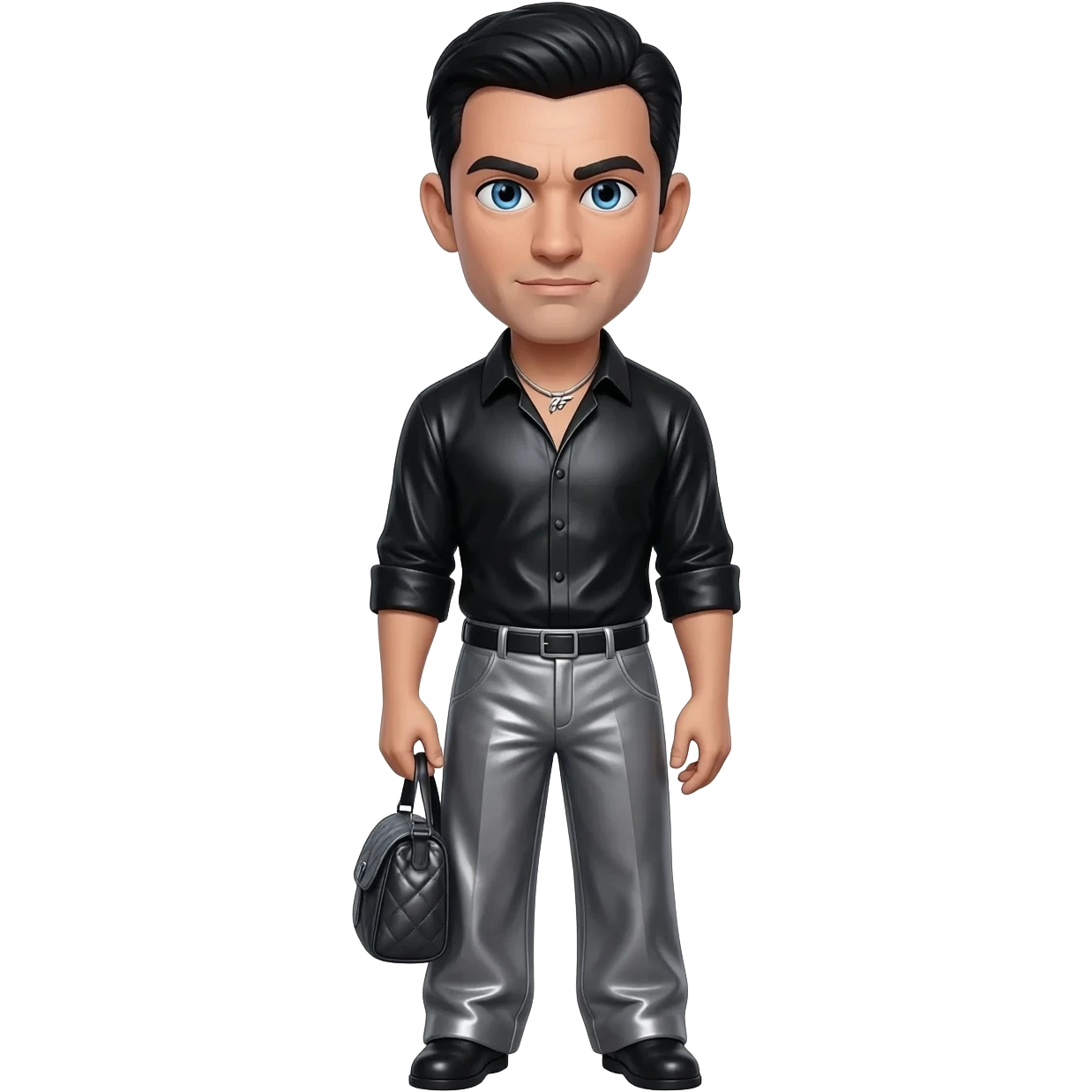 James Bond from James Bond with blue eyes, black hair, black metallic shirt, charcoal metallic baggy pants, silver necklace emoji