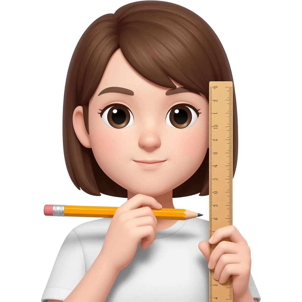 Girl holding a pencil horizontally under her chin with one hand and a ruler vertically from her ear downwards with the other hand emoji