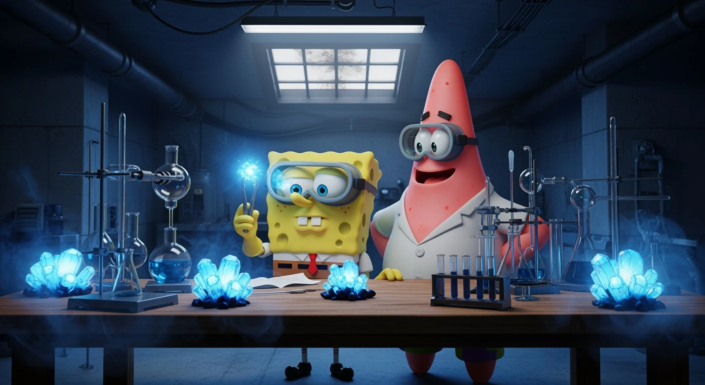 3D cienmatic cartoon shot, spongebob and patric dress in safety glasses and safe white outfit, the are standing front of table with blue crystals on table glowing (light source) science room in basement, back light, Cinema 4d render, proffesional lightning, blue colors emoji