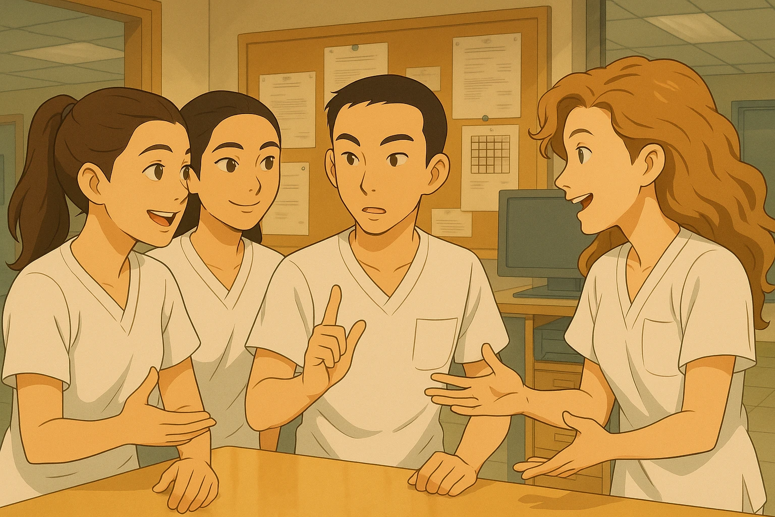 Modify the scene so that the characters are actively collaborating, with gestures showing teamwork. All characters have bare forearms and arms. Female characters have long hair tied back. Keep the original illustration style look and feel. emoji