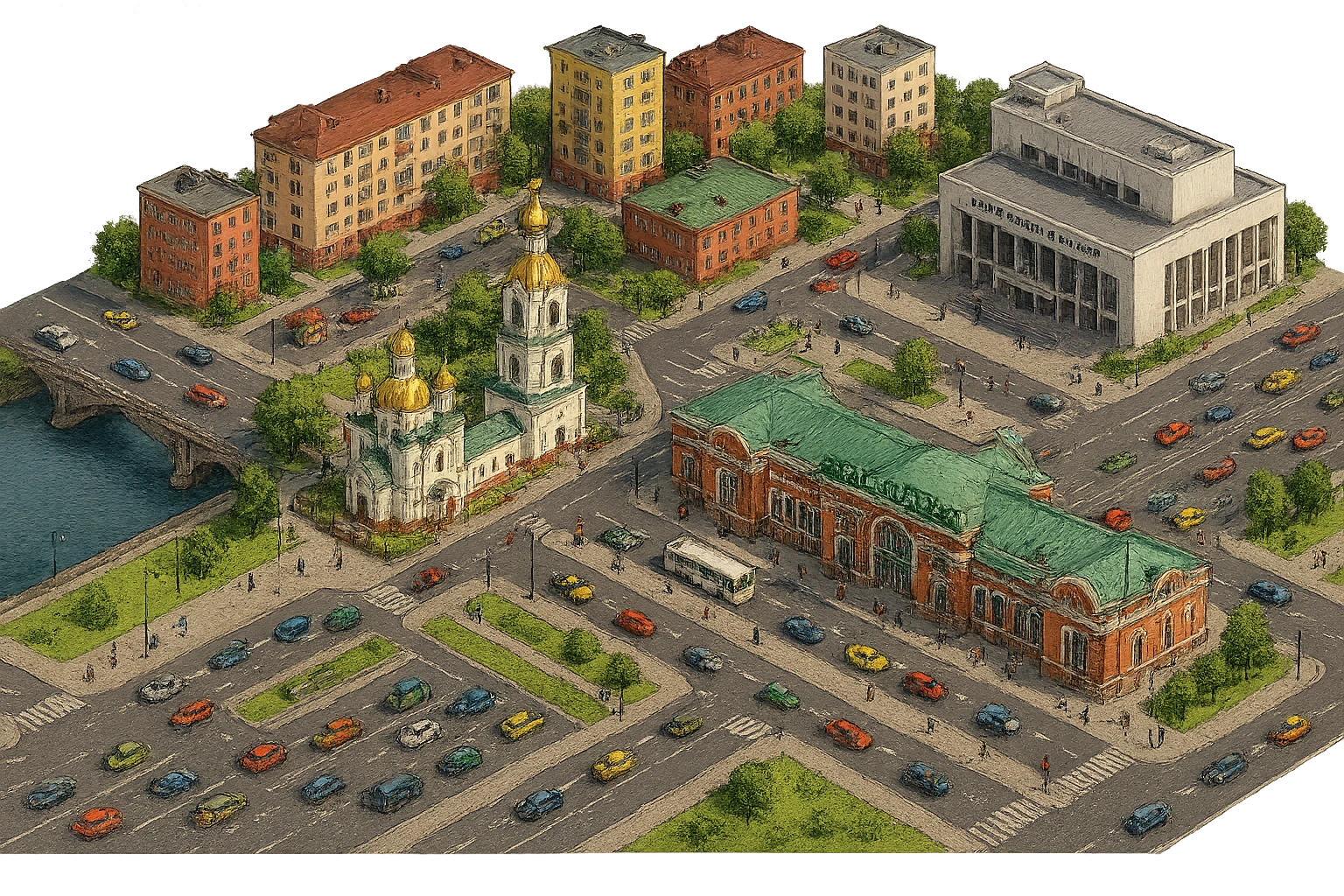 Изометричная чёткая миниатюрная фотореалистичная 3D модель панорамы Красноярска — Николаевский мост, Благовещенская церковь, Красноярск-пассажирский, Красноярский театр оперы и балета, дома, люди, автотранспорт. Ультравысокая детализация, острые и чёткие контуры, прорисованные границы зданий и дорог, архитектурная точность, резкие тени и текстуры, акцент на чёткости линий. Вид сверху в изометрии, яркие цвета, прозрачный фон, автотранспорт и пешеходы, компактная композиция. emoji