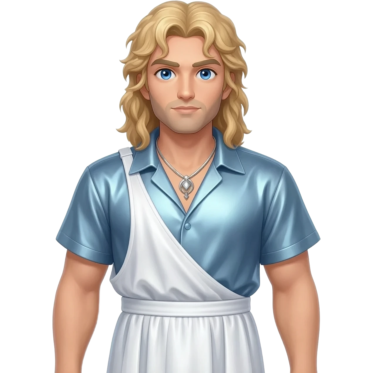 Zeus from Greek Mythology with blue eyes, long blonde hair, light steel blue metallic shirt, white metallic baggy dress pants, silver necklace emoji