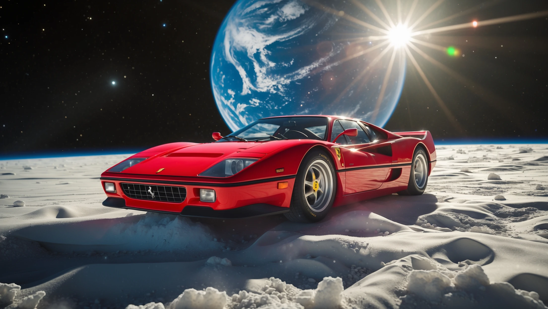 Cinematic still of a ferrari f40 floating in space, shot by space camera connect to spaceship, sun flare, big earth in background, captured by gopro emoji