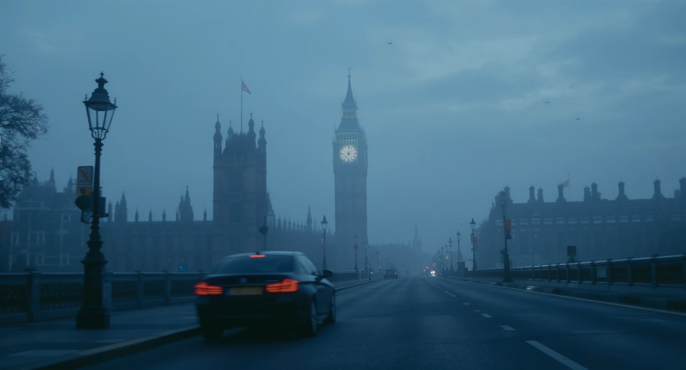 Cinematic shot of a london street, cloudy foggy day, soft light, car flying, leading lines to big ben in distance, multi composition, in foreground blurred car, on second street around UK bulding, od another plan in distance big ben, birds flying, artistic look, captured on arri alexa 35, blue hour emoji
