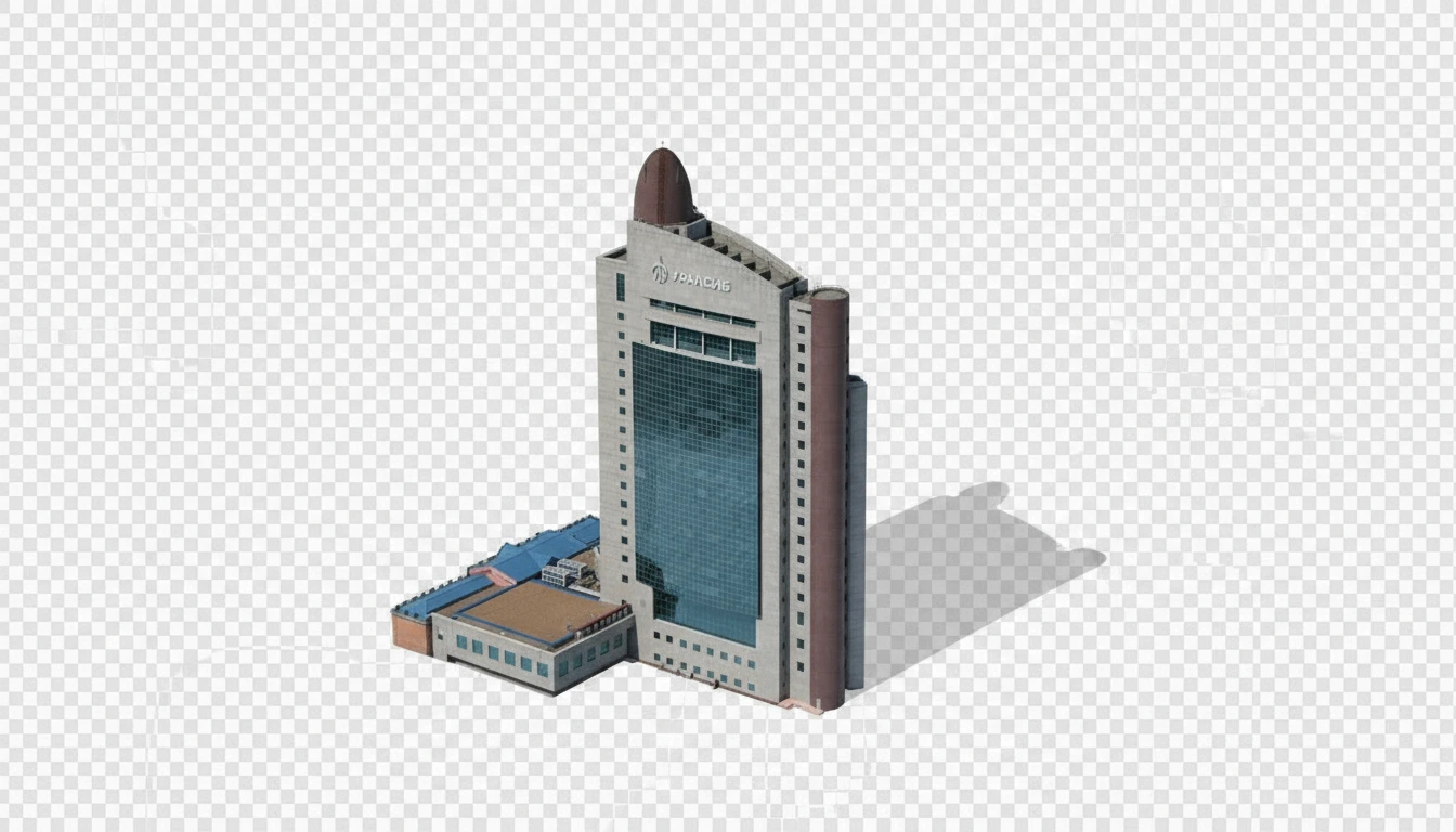 Изометричная, яркая, детализированная, объемная и фотореалистичная иллюстрация одной башни банк "Уралсиб" в Уфе. Чёткие контуры, не размазанные линии, высокое качество, прозрачный фон, не обрезать края картинки emoji
