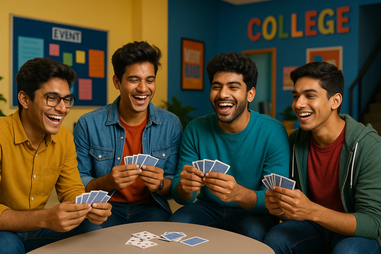 group of four Indian college boys playing tash (cards), laughing, relaxed, modern college vibe, colorful background emoji