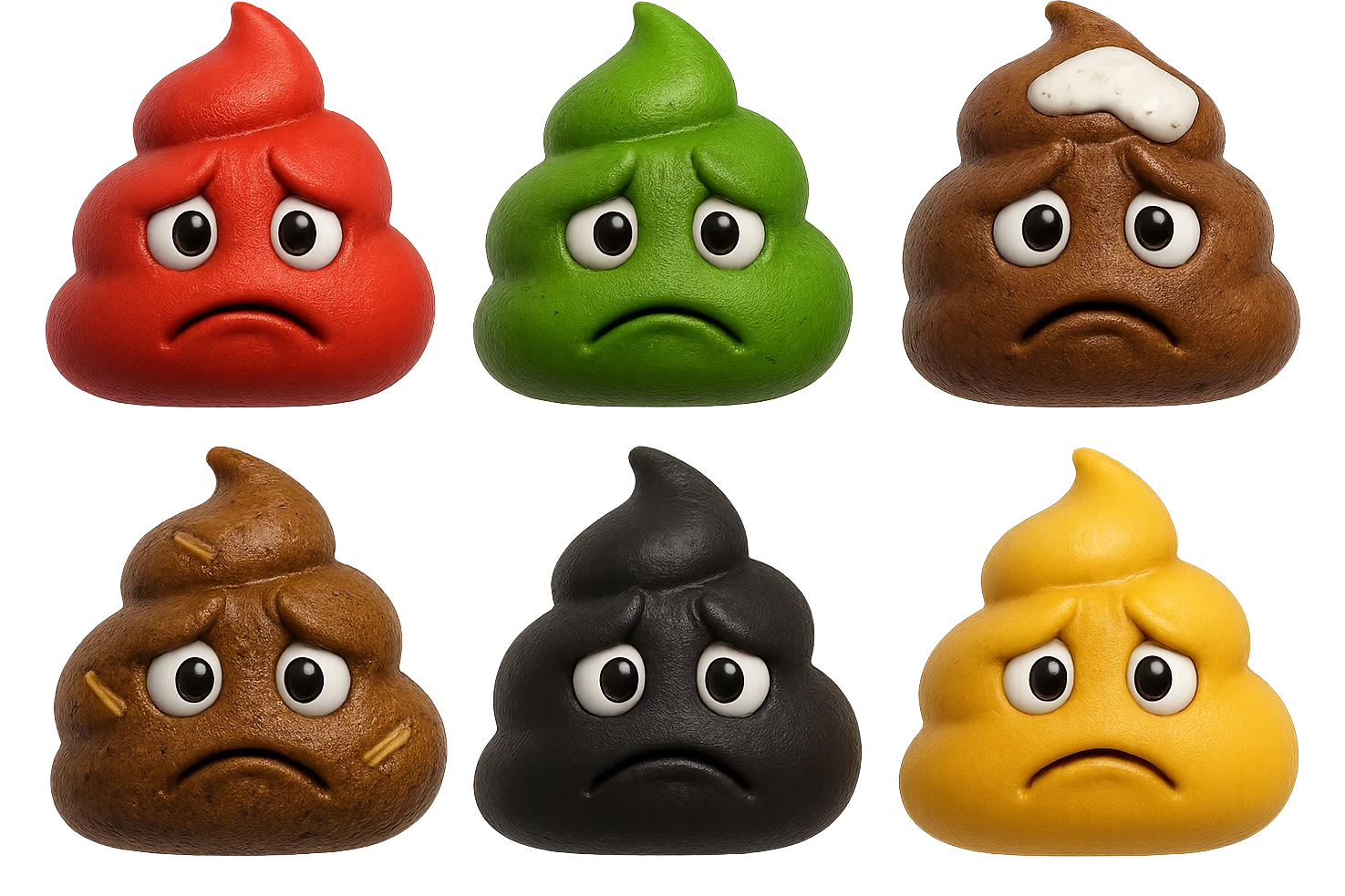 emoji stile iphone 3d di una cacca di colore rosso, una cacca di colore verde, una cacca di colore marrone con muco bianco visibile sopra,  una cacca di colore marrone con penne di pasta a pezzetti visibili all'interno di essa,  una cacca di colore nero e una cacca di colore giallo, tutte le cacche hanno un espressione triste, iperrealistiche 4k emoji