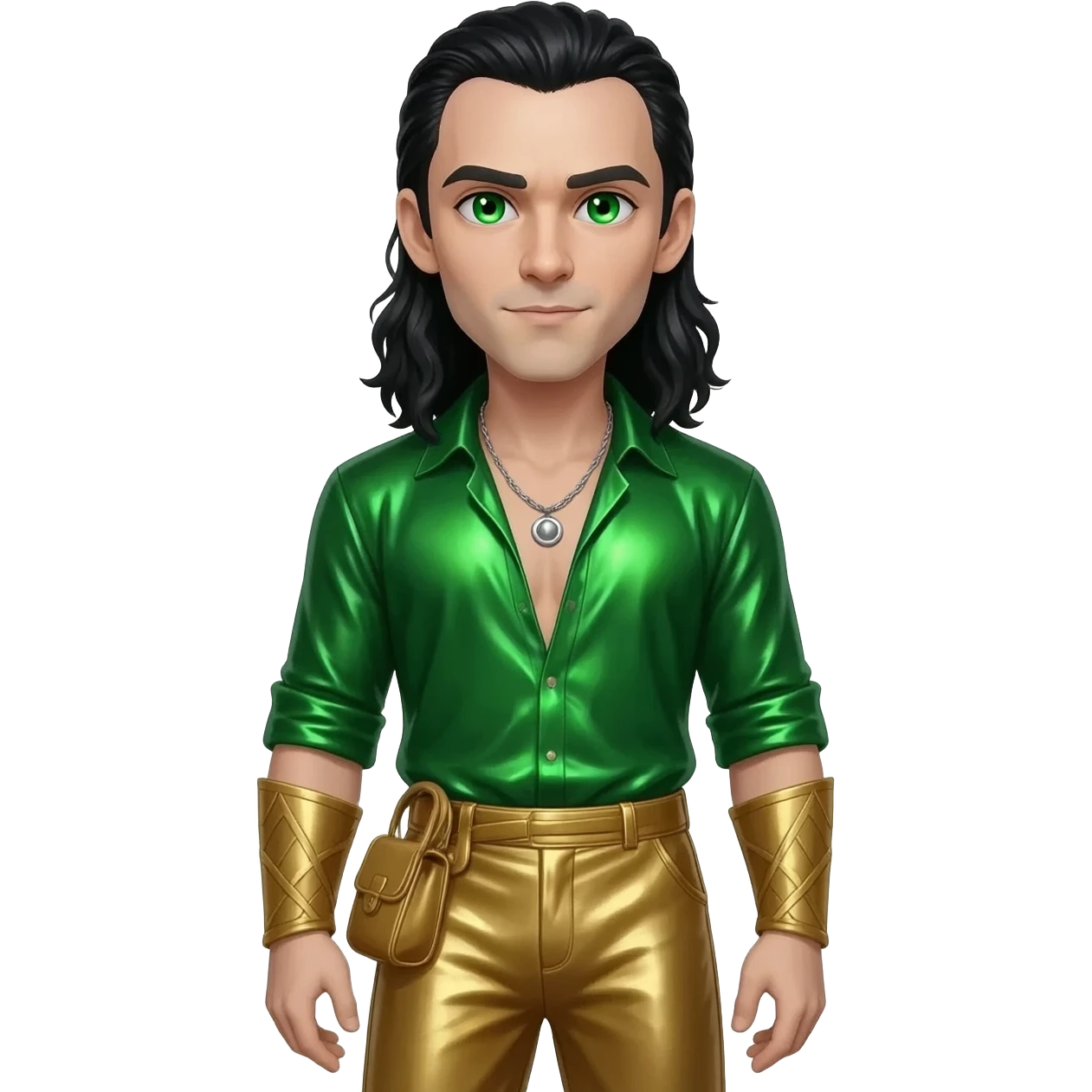 Loki from Norse Mythology with green eyes, long black hair, green metallic shirt, gold metallic baggy pants, silver necklace emoji