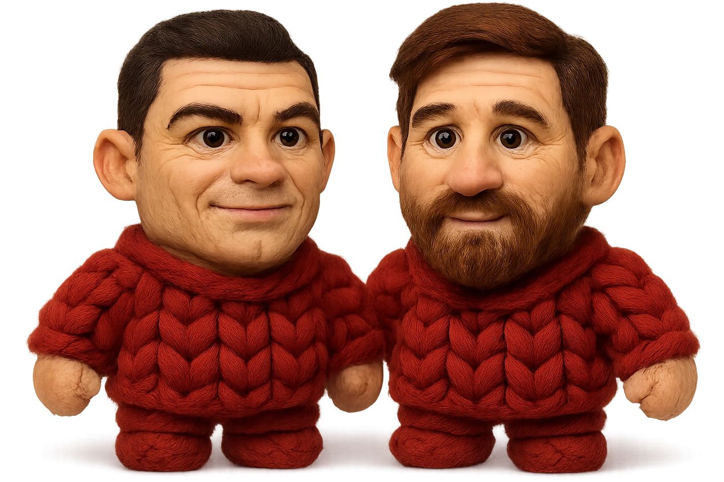 Cristiano Ronaldo and Lionel Messi, side by side, as red knitted thread dolls, realistic painted cartoon style emoji