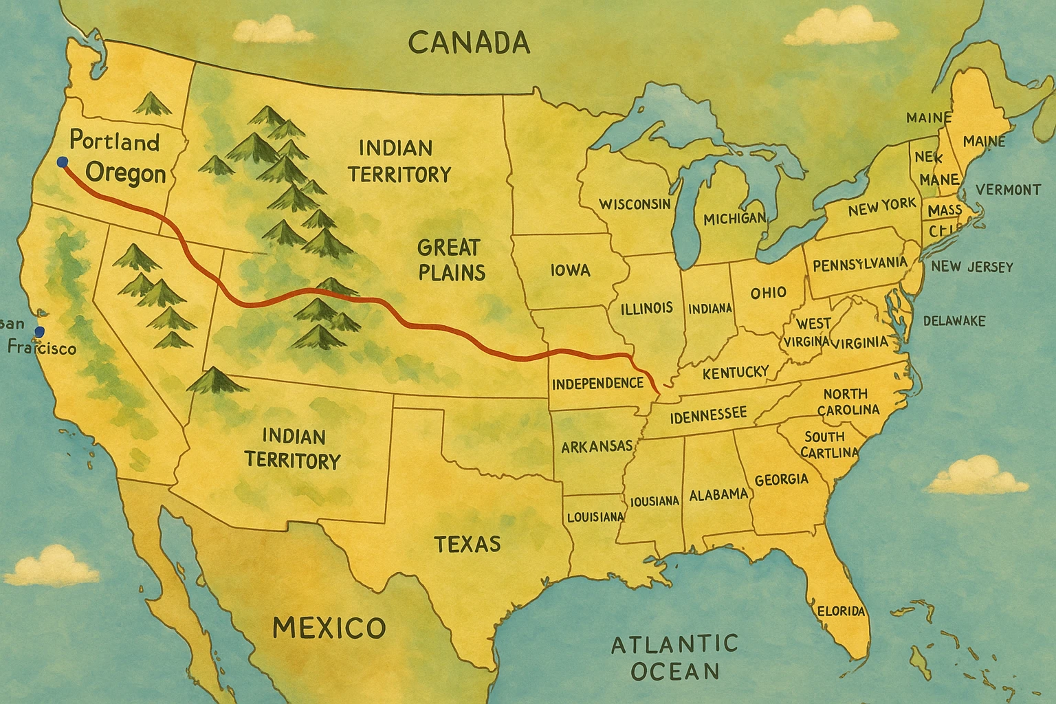 Make a copy of this map with all the labels and red route line which can be labelled as the Oregon Trail emoji