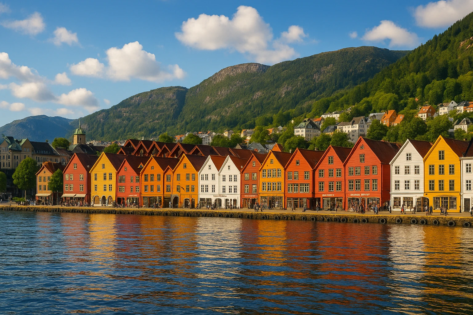 Bergen, Norway city skyline with view of water, colorful buildings, mountains in background, scenic waterfront, vibrant and inviting emoji
