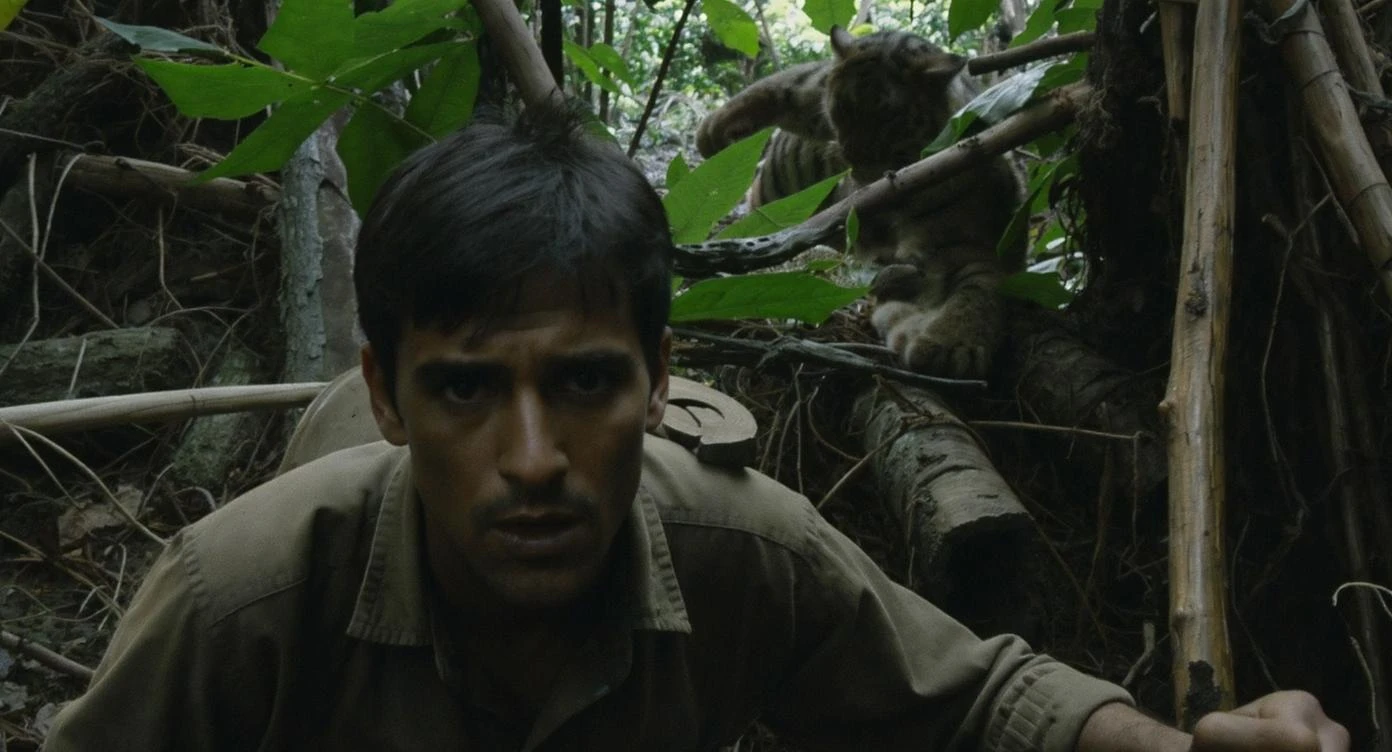 cinematic still, documentary photography, amazon jungle, well lit scene, man is exploring the jungle, close up, front shot, rule of thirds, tiger in background sneaking trying to jump on man emoji