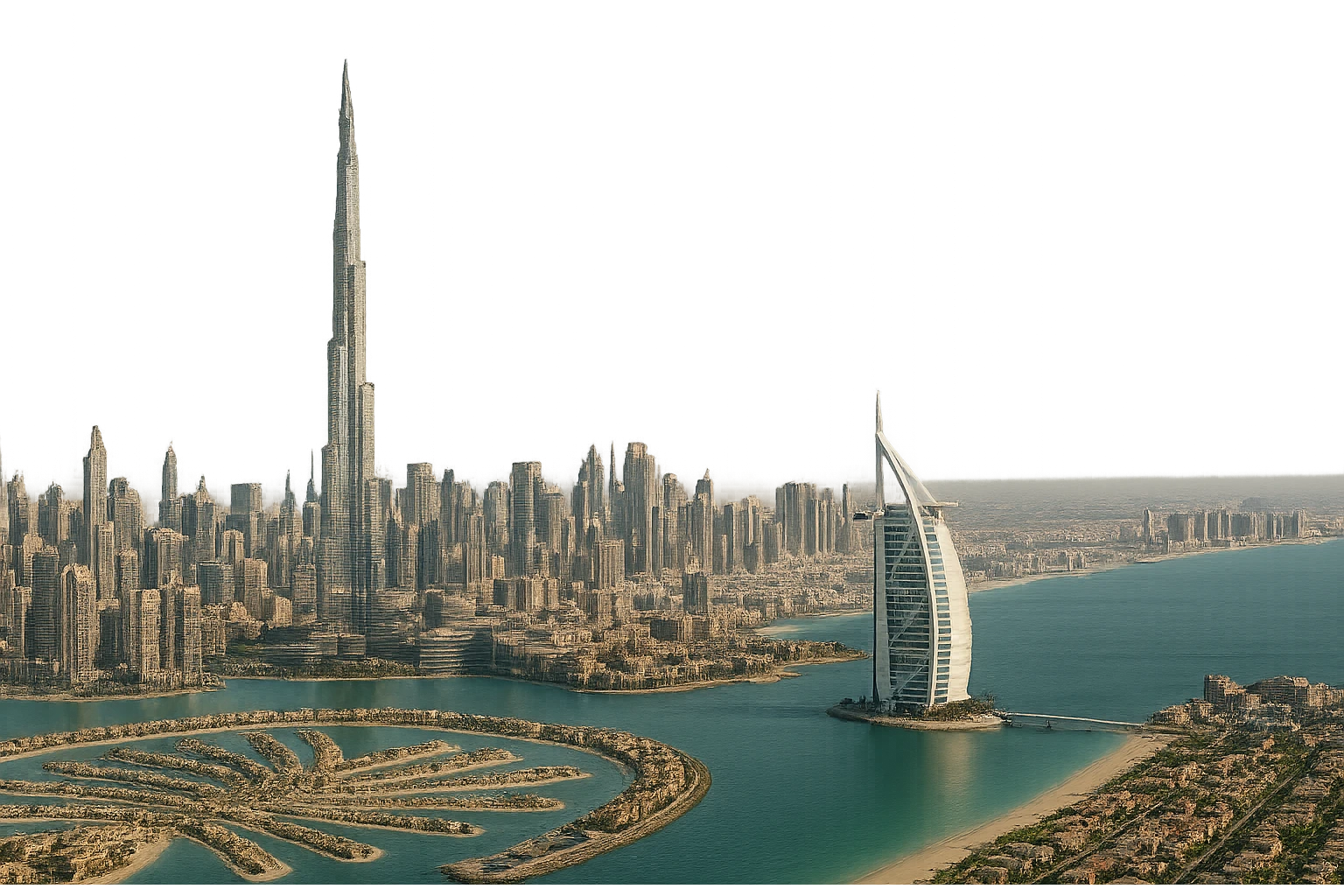 cinematic realistic emoji of Dubai, wide city view with iconic landmarks Burj Khalifa, Burj Al Arab, Palm Jumeirah, lifelike detail, accurate colors, bright daytime lighting, fully transparent background, no sky, no clouds emoji