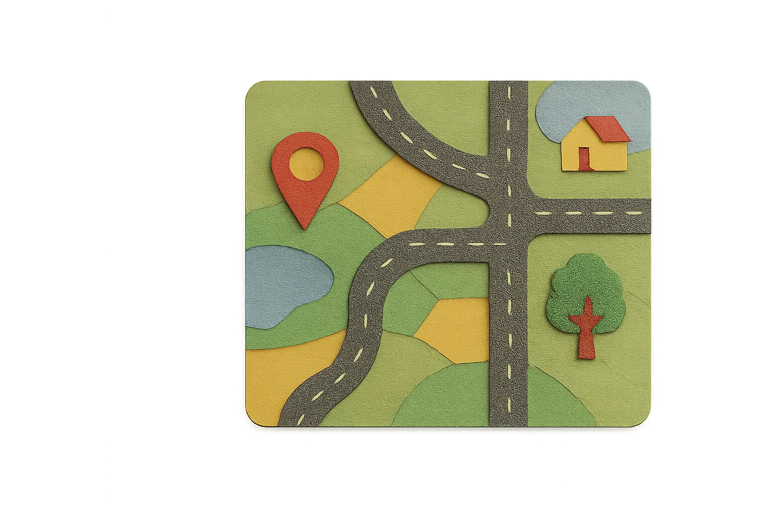 simple road map illustration, top-down view, with winding roads, intersections, and a few landmarks, paper craft style emoji