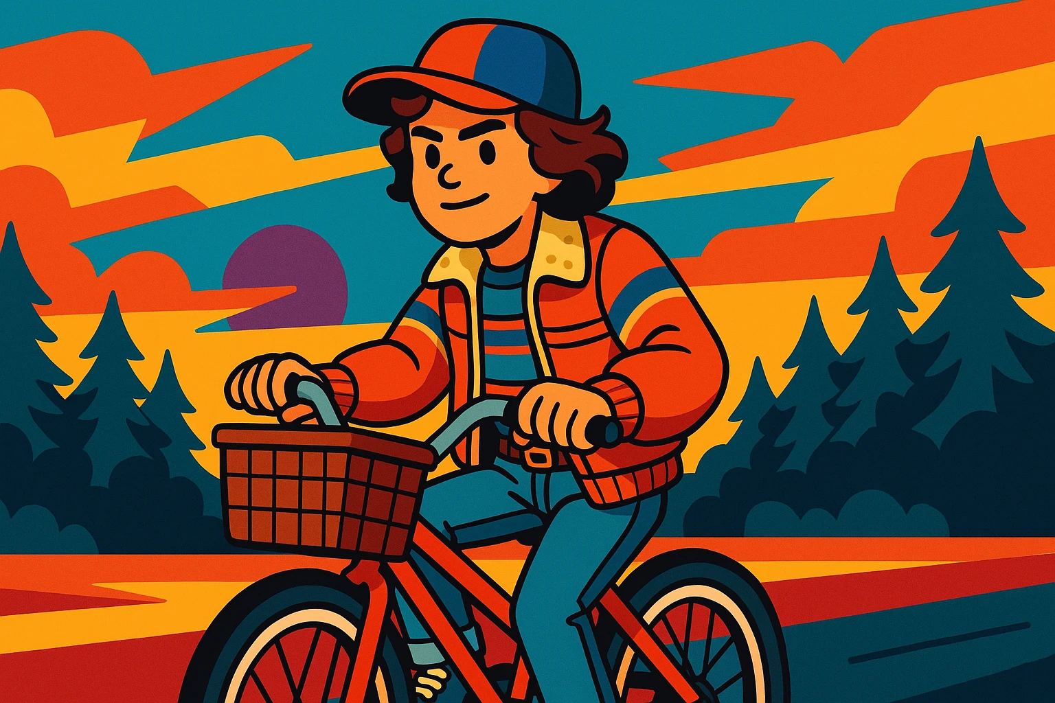 Stranger Things inspired character riding a bicycle with a basket, 1980s vibe, vibrant toon style, wide aspect ratio 16:9 emoji