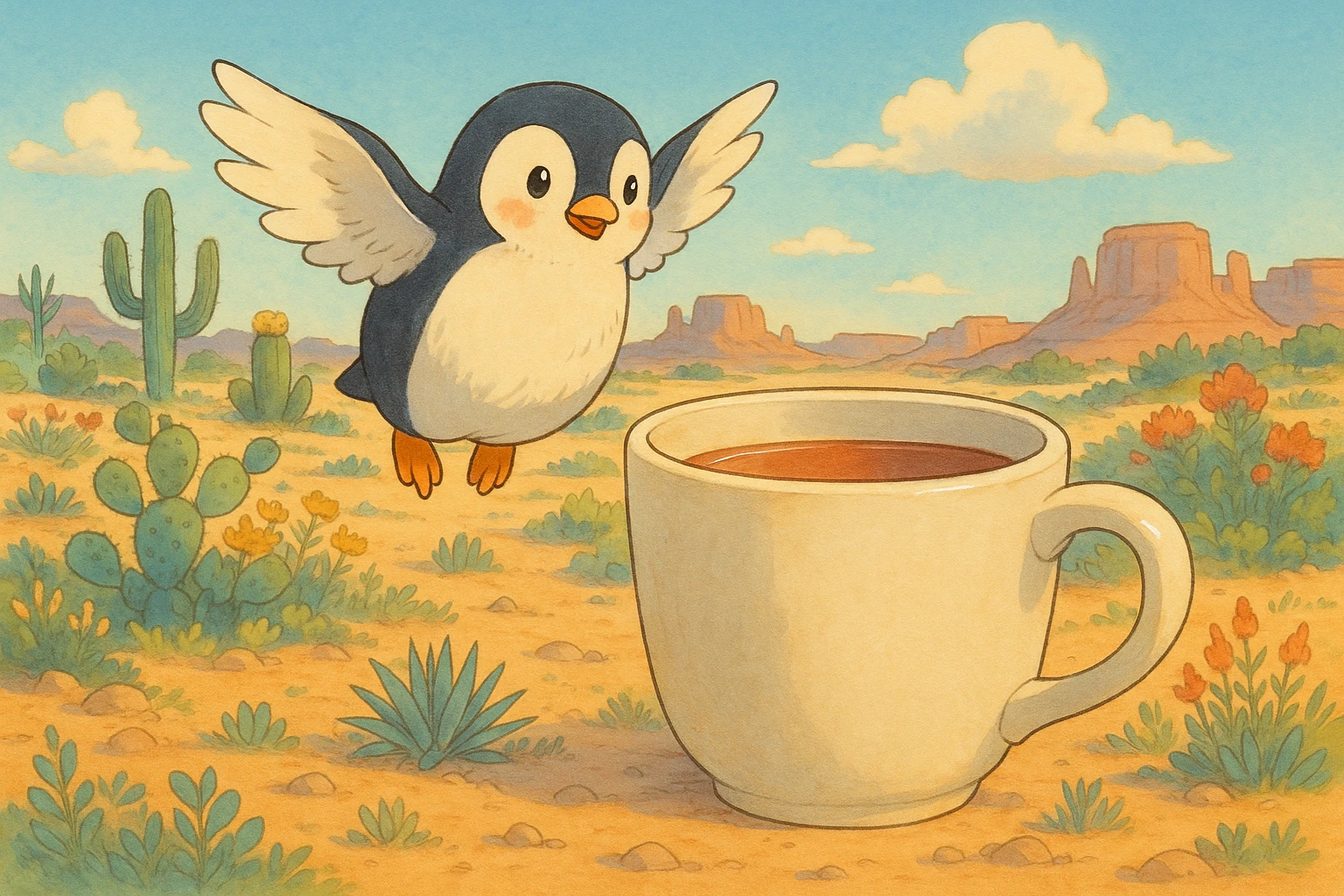 A whimsical penguin with wings, hovering in a desert landscape beside an oversized tea mug, ghibli-inspired style emoji