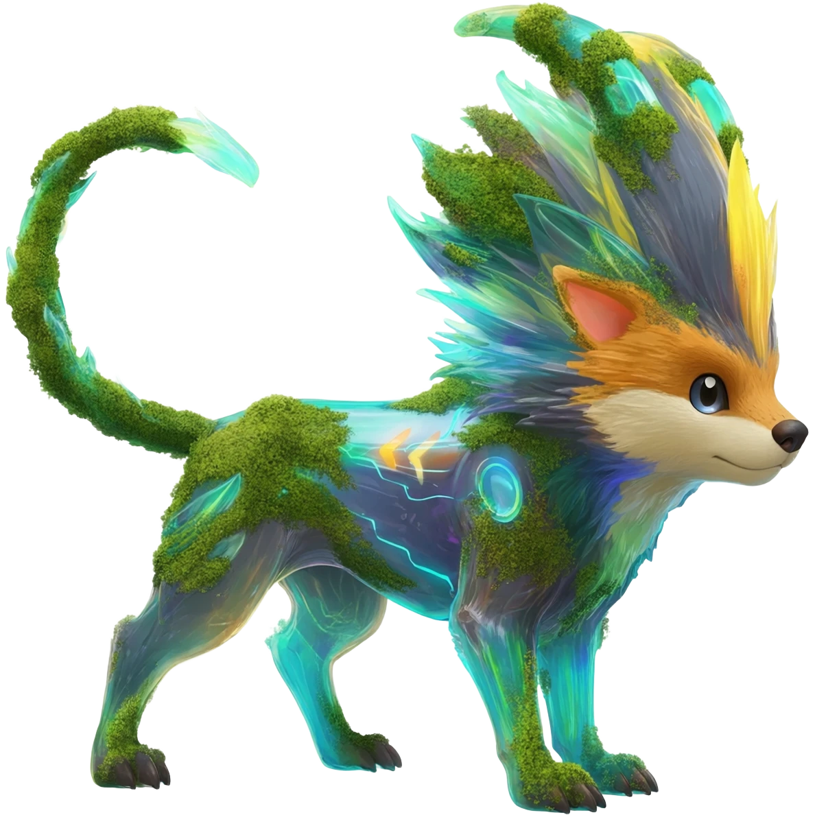 Realistic Sharp mossy elemental detailed Colorful translucent luminescent Trico-Lykoi-Noibat-Sergal-Furret-Ferret-Wolverine-Vernid-furry-fursona-fusion-Fakemon-animal-hybrid-creature, full body emoji