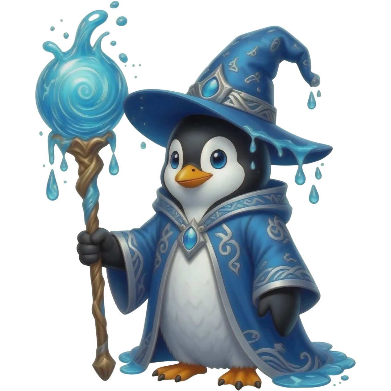 Vibrant water wizard penguin with black-and-white feathers and glowing deep-blue eyes. Wearing flowing blue-and-silver robes with wave runes and tall wizard hat with cascading water. Holding ornate staff with swirling liquid orb. Swirling blue water streams and bubbles emanate from its body emoji