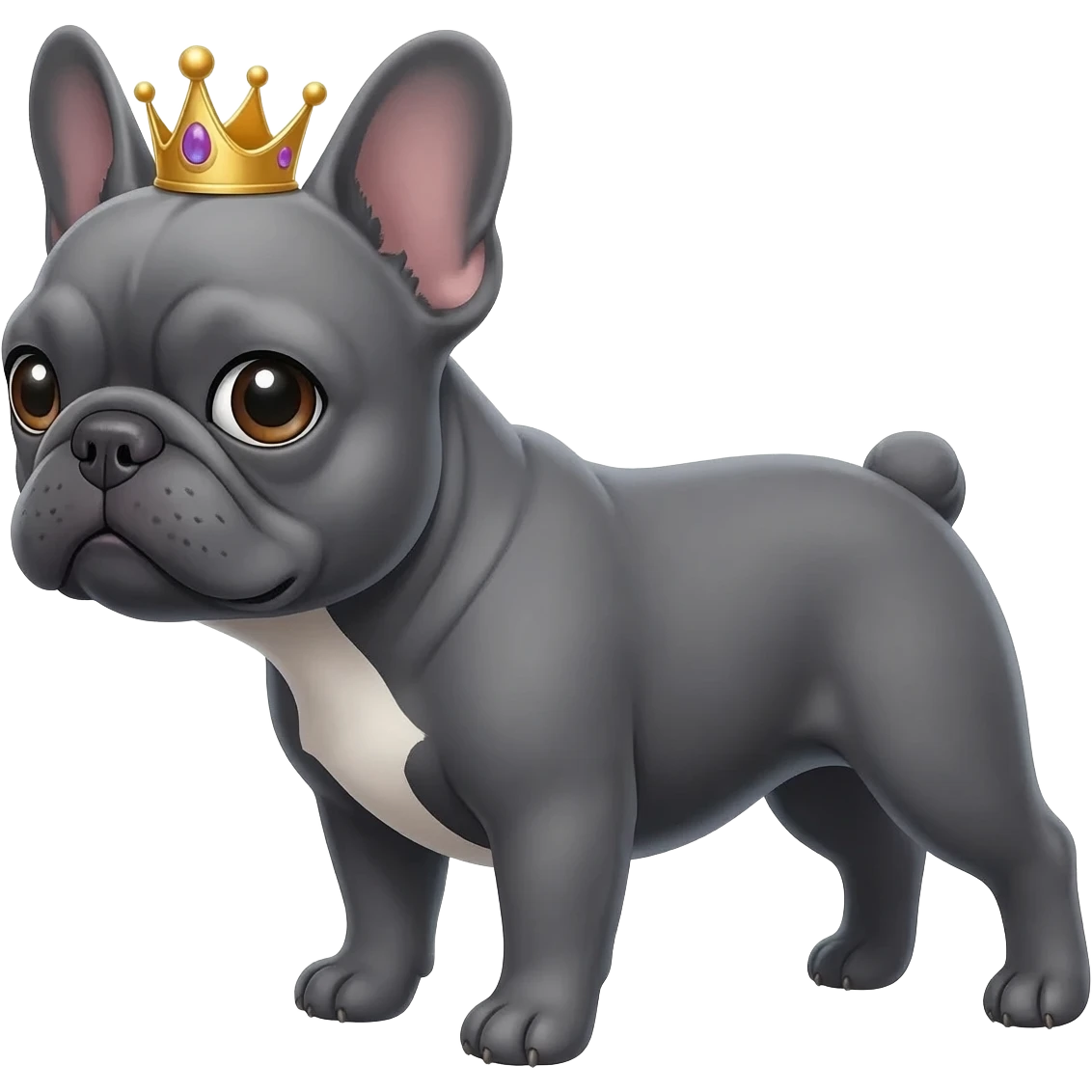 Gray French Bulldog no stripes on the head with a princess crown on its head. emoji