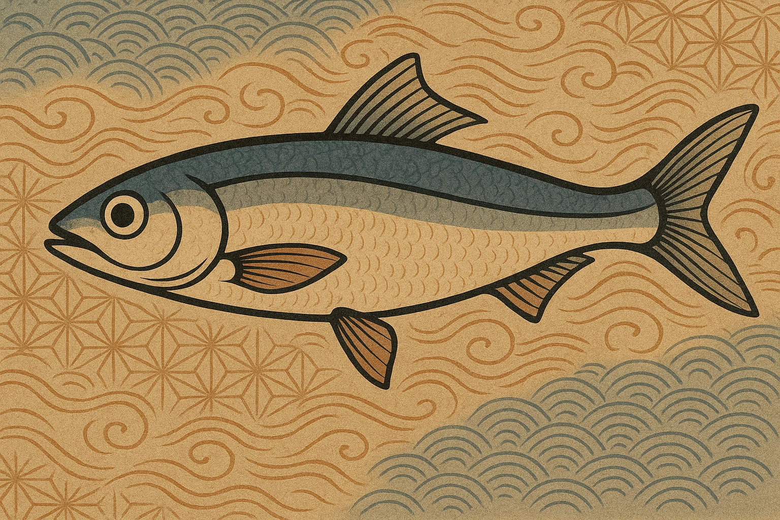 stylized hamsi anchovy fish in Japanese ukiyo-e art style, elegant and flowing emoji
