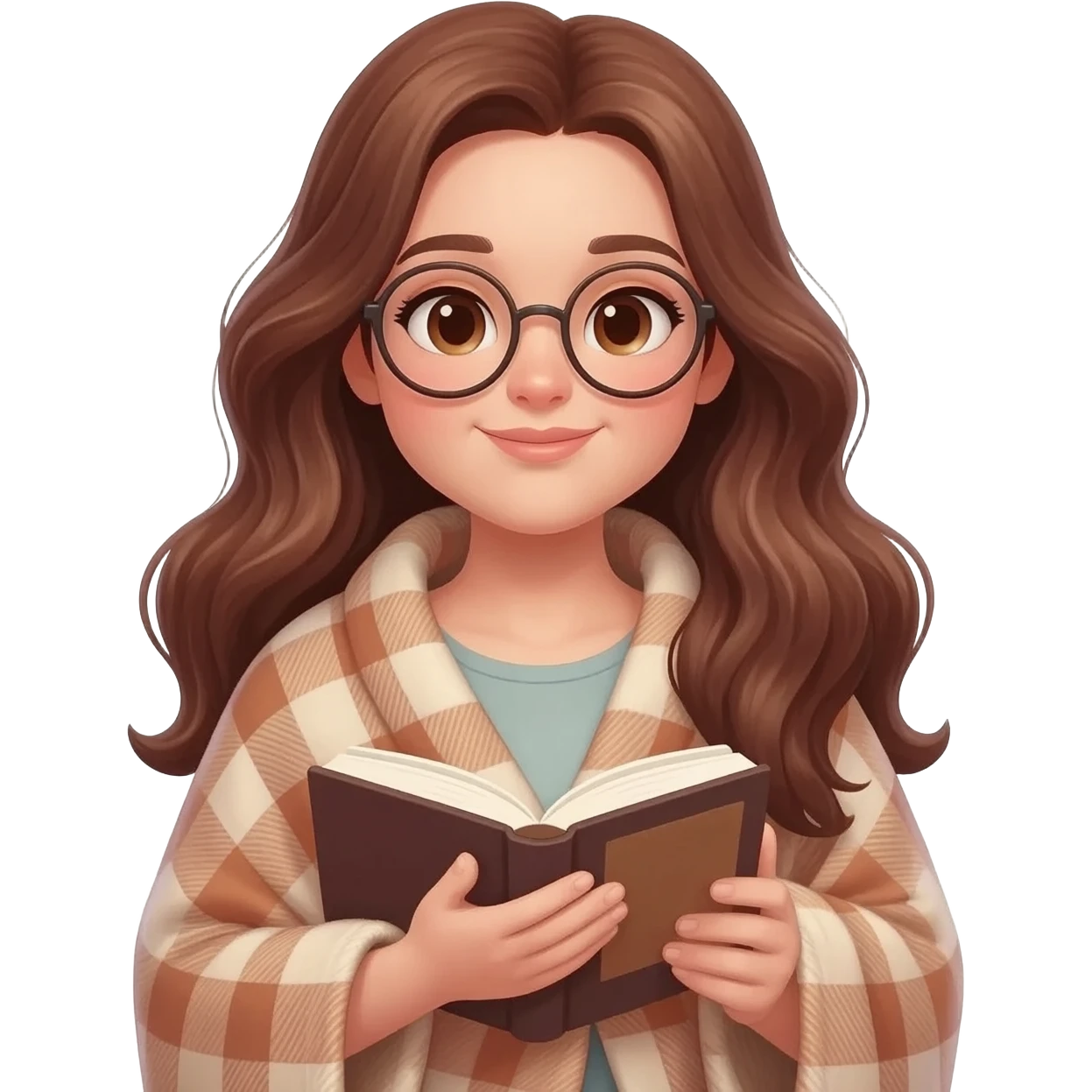 detailed emoji illustration of a curvy woman with long chestnut brown wavy hair, light brown eyes and round glasses, wrapped in a cozy plaid blanket and reading a book, calm peaceful expression, soft warm lighting, cute emoji style emoji