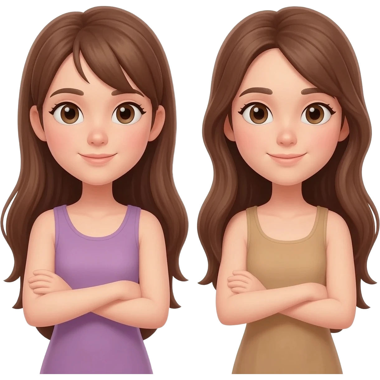 Two girls with brown long hair shrugging emoji