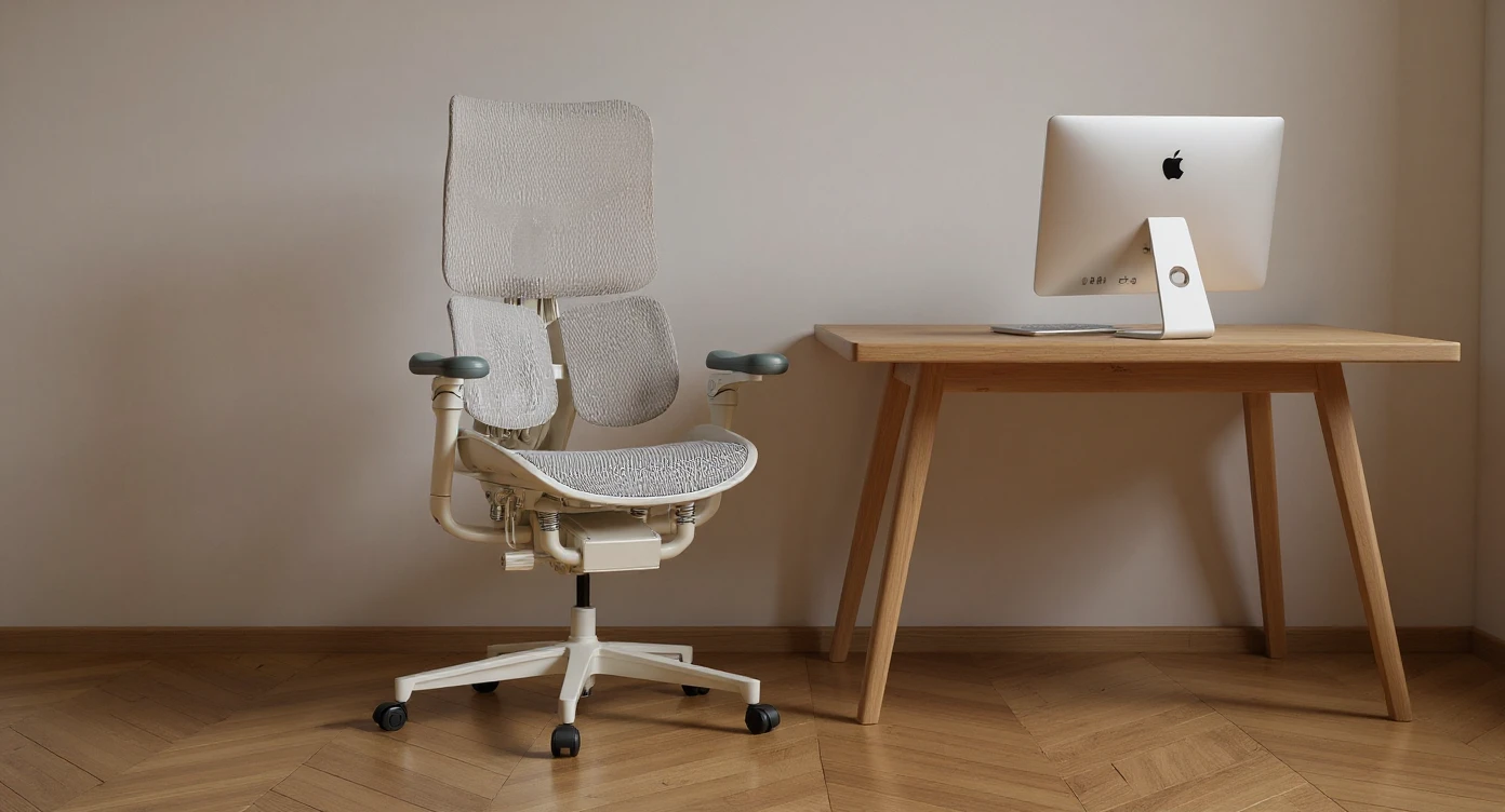 Editorial shot, Make this chair next to desk with mac setup, wooden modern floor, minimalistic room, contrast chair to wall, chair standing front to camera, soft bright light in room emoji