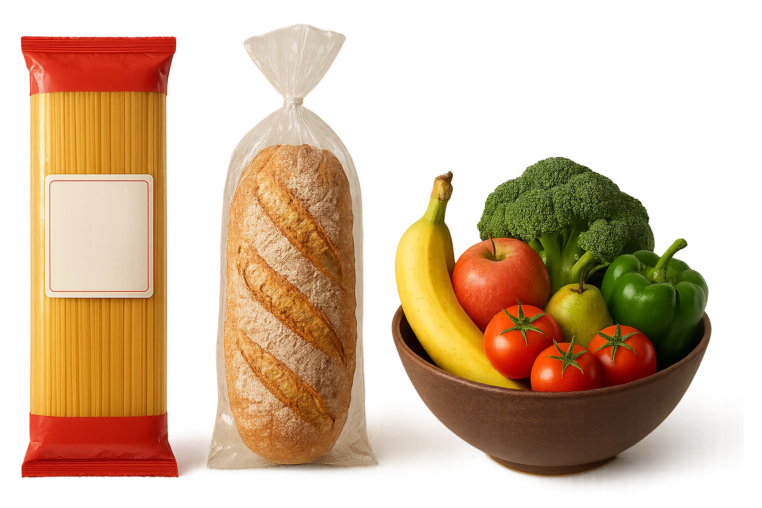 pacco di pasta realistico, pacco di pane, bowl di frutta e verdura, 4k emoji
