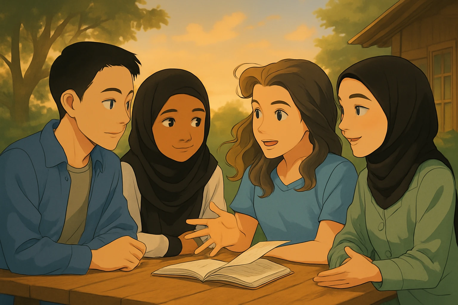 Continuation of the scene: The fourth girl (black hijab, green shirt) is speaking, the wind intensifies, hair and book pages show more movement. Faces remain identical to the original image. emoji